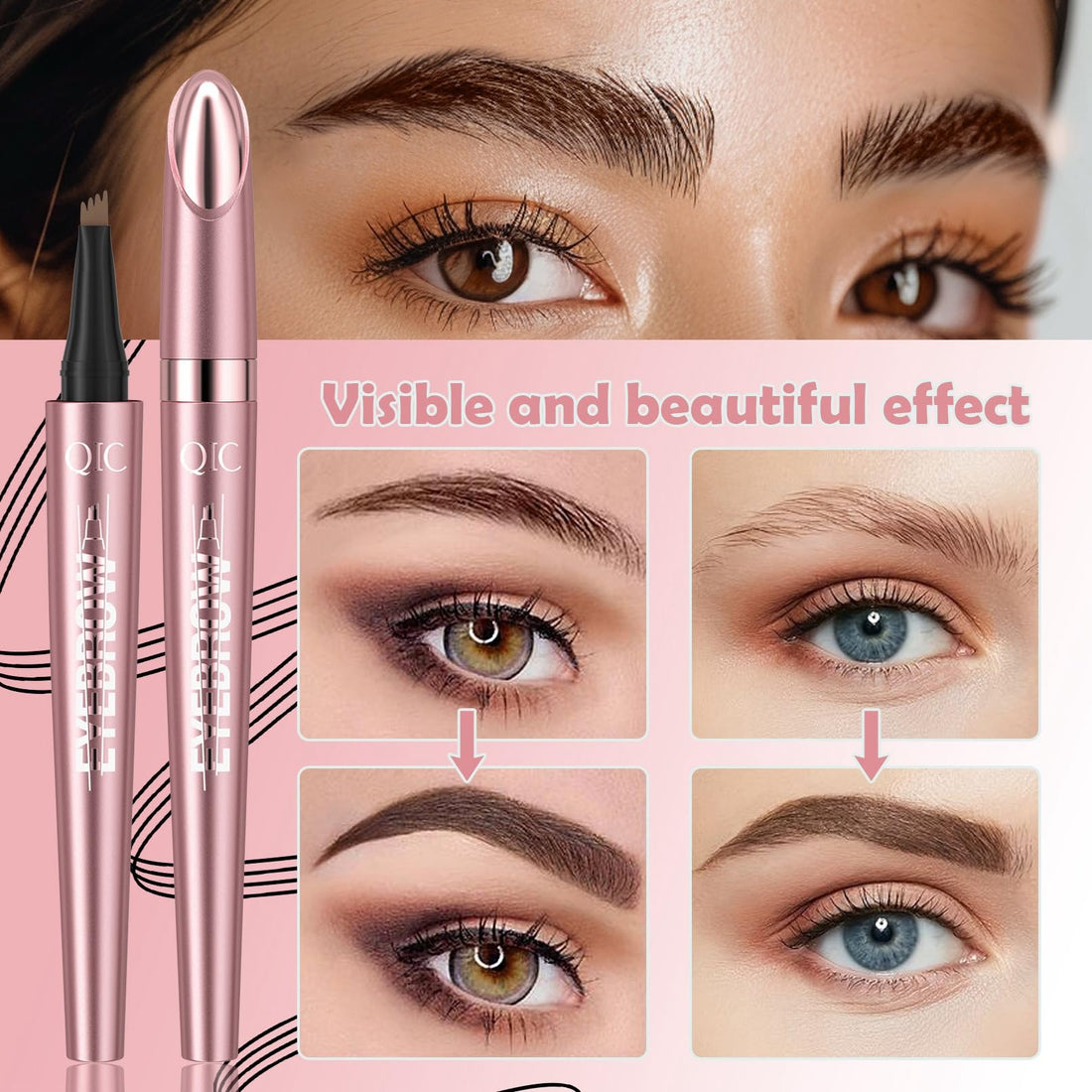2024 Pink Appearance New 3D Microblading Eyebrow Tattoo Pencil 4 Fork Tip, Natural Makeup Fine Stroke,Smudgeproof Long Lasting Fine Sketch Microblading Eyebrow Pen-04#BLACK COLOR