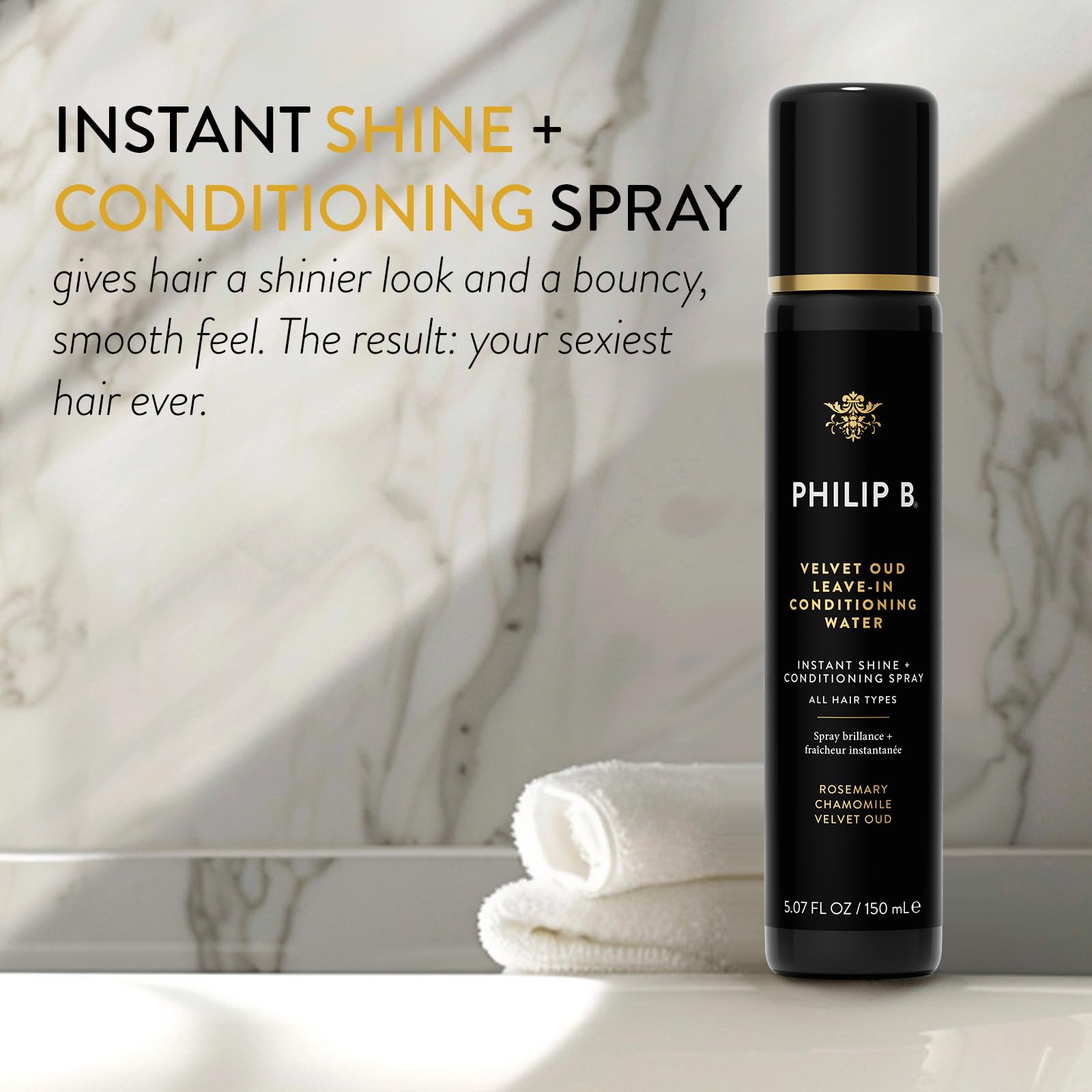 PHILIP B. Velvet Oud Leave-in Conditioning Water, 5.07 Fl. Oz. (150 ml) - Instant Shine and Conditioning Spray With Rosemary and Chamomile