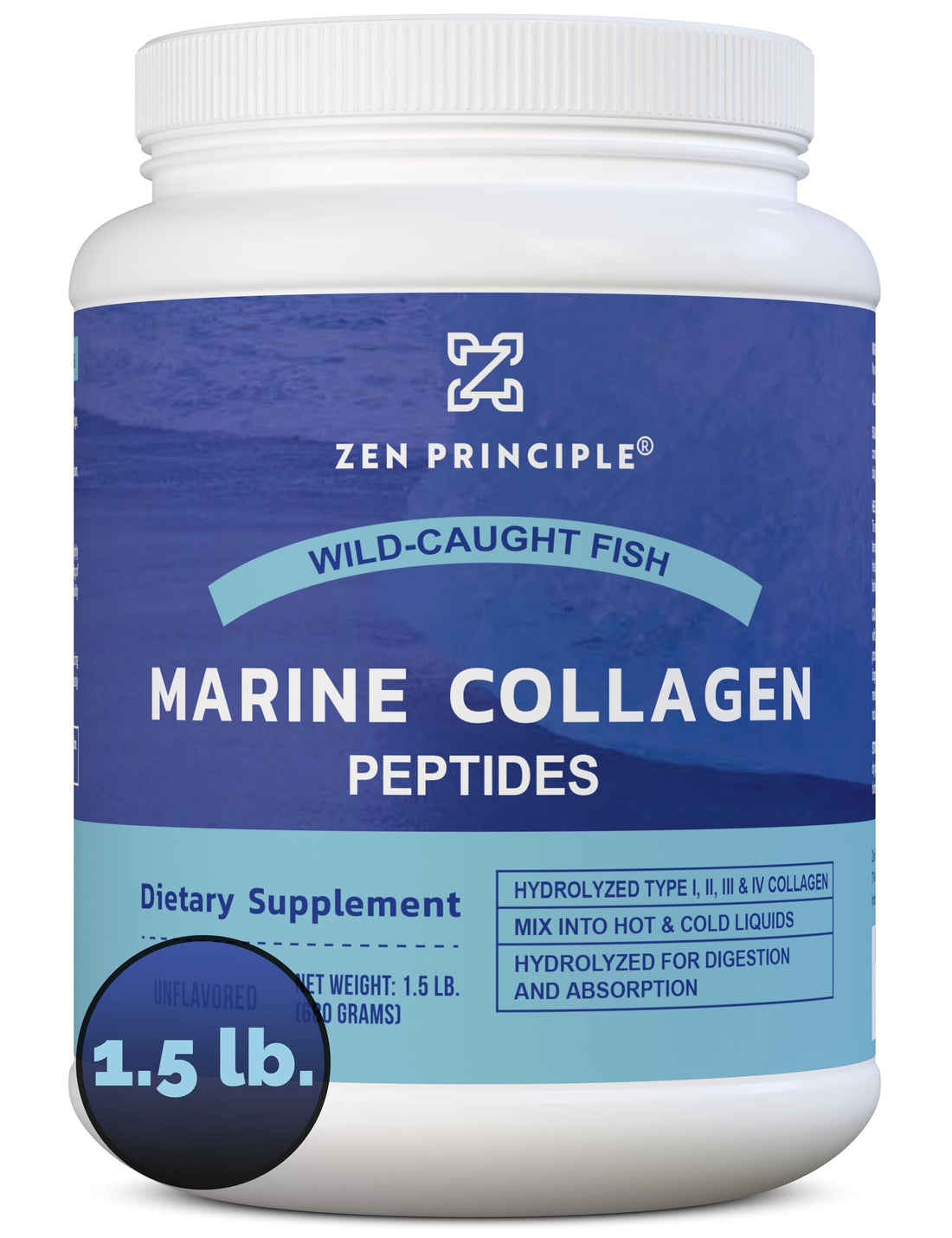 Zen Principle Marine Collagen Peptides Powder 1.5 lb. Wild-Caught Fish, Non-GMO. Supports Healthy Skin, Hair, Joints and Bones.Hydrolyzed Type 1 & 3 Protein. Amino Acids.Unflavored, Easy to Mix.