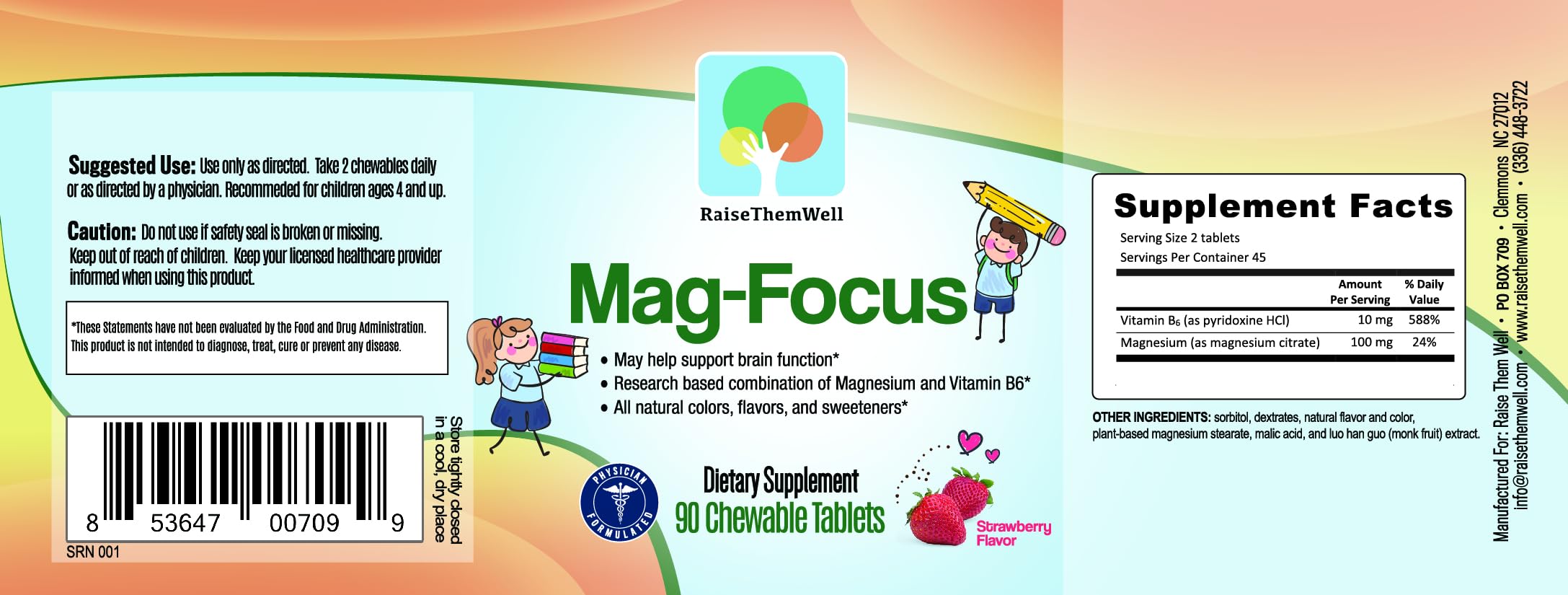Raise Them Well Magnesium Focus Supplement for Kids | Natural Strawberry Flavored | 90 Chewable Tablets