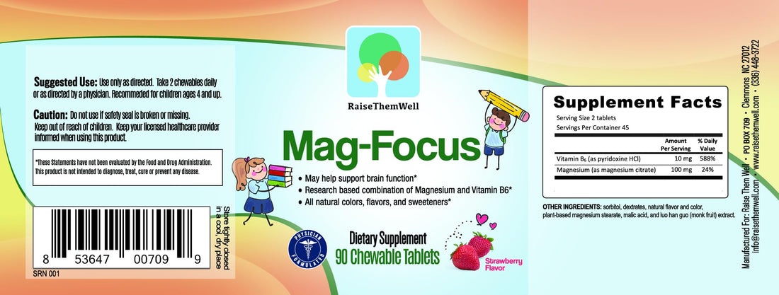 Raise Them Well Magnesium Focus Supplement for Kids | Natural Strawberry Flavored | 90 Chewable Tablets
