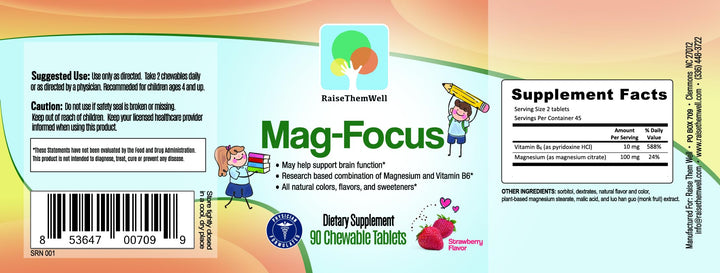 Raise Them Well Magnesium Focus Supplement for Kids | Natural Strawberry Flavored | 90 Chewable Tablets