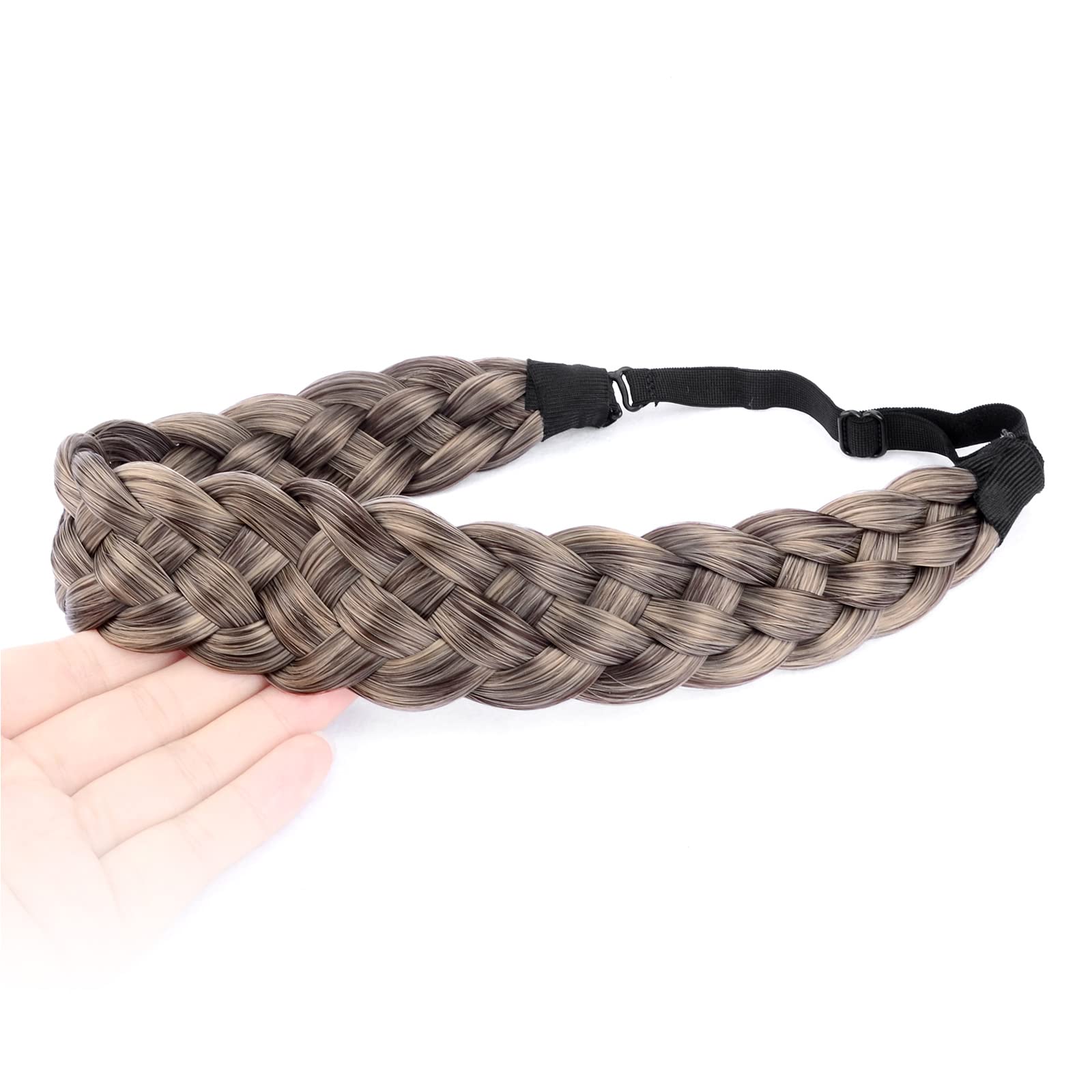 BOBIYA Synthetic Hair Braided Headband 5 Strands Classic Chunky Wide Plaited Braids Elastic Stretch Hairpiece for Women Girl Beauty Accessory, 56g (Gray Brown)