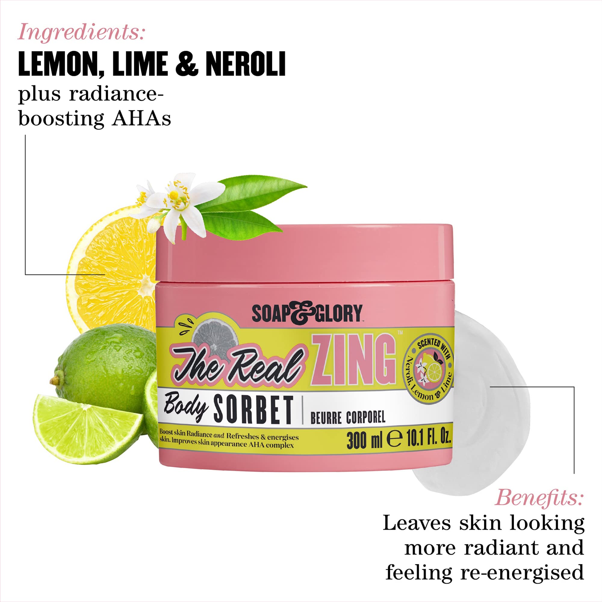 Soap & Glory The Real Zing Body Sorbet - Citrus Body Moisturizer & Hydrating, Sorbet-y Skin Cream - Radiance Boosting, AHA Exfoliating, Lightweight Body Cream for Refreshed Dry Skin (300ml)