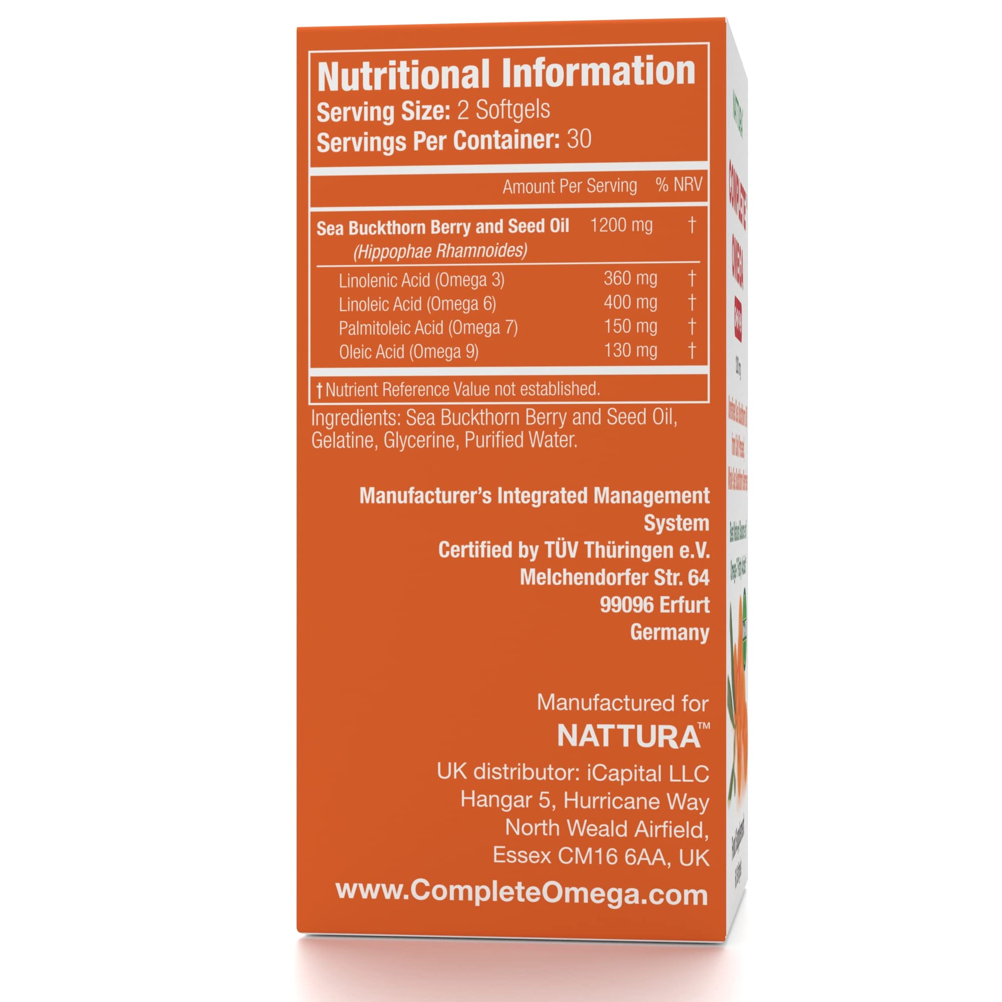 Nattura Complete Omega 3-6-7-9, Pure Sea Buckthorn Oil, European Quality, from Unrefined, Cold Pressed Whole Sea Buckthorn Wild Berries - Non-GMO, Certified Kosher, Gluten-Free 1 Bottle - 60 Capsules