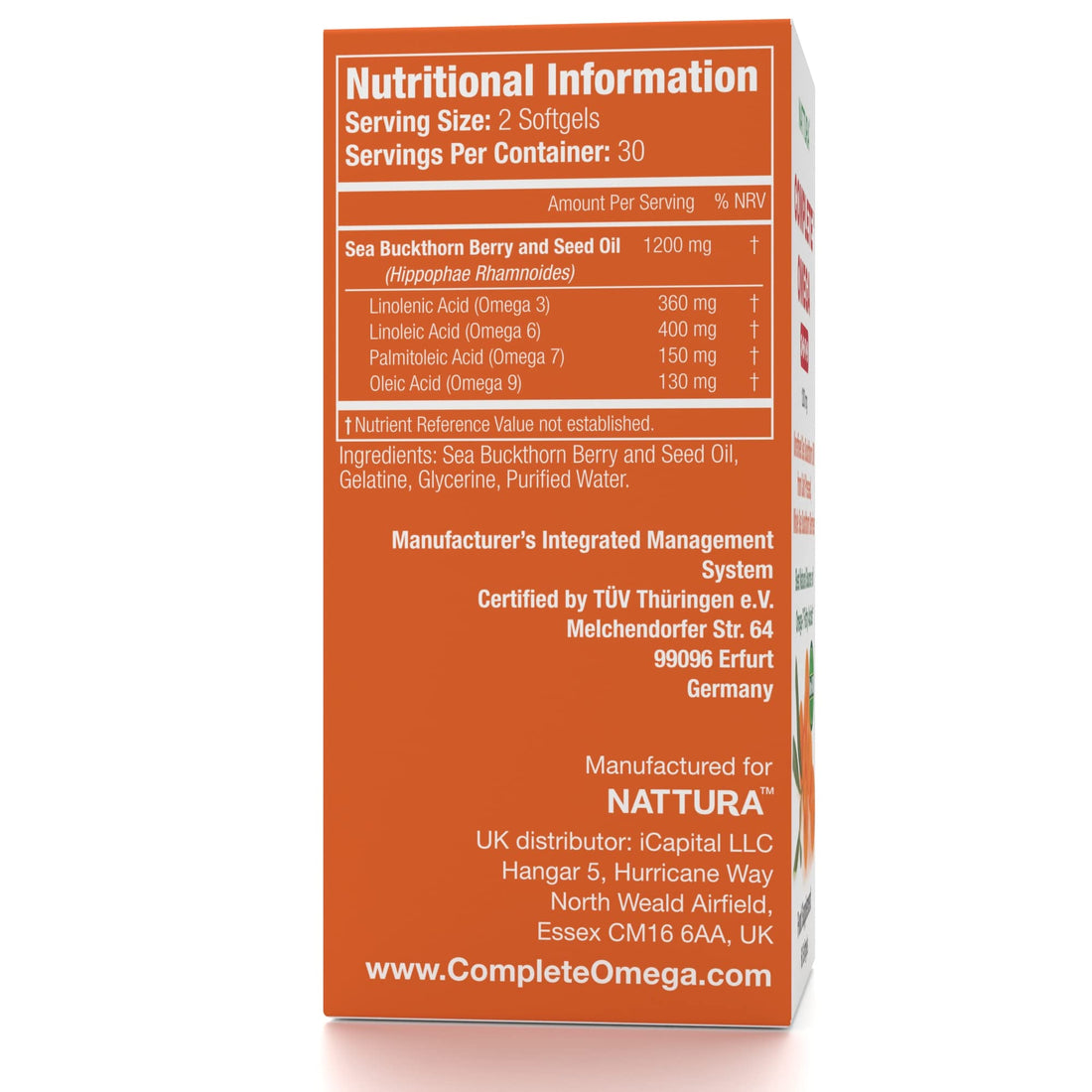 Nattura Complete Omega 3-6-7-9, Pure Sea Buckthorn Oil, European Quality, from Unrefined, Cold Pressed Whole Sea Buckthorn Wild Berries - Non-GMO, Certified Kosher, Gluten-Free 1 Bottle - 60 Capsules