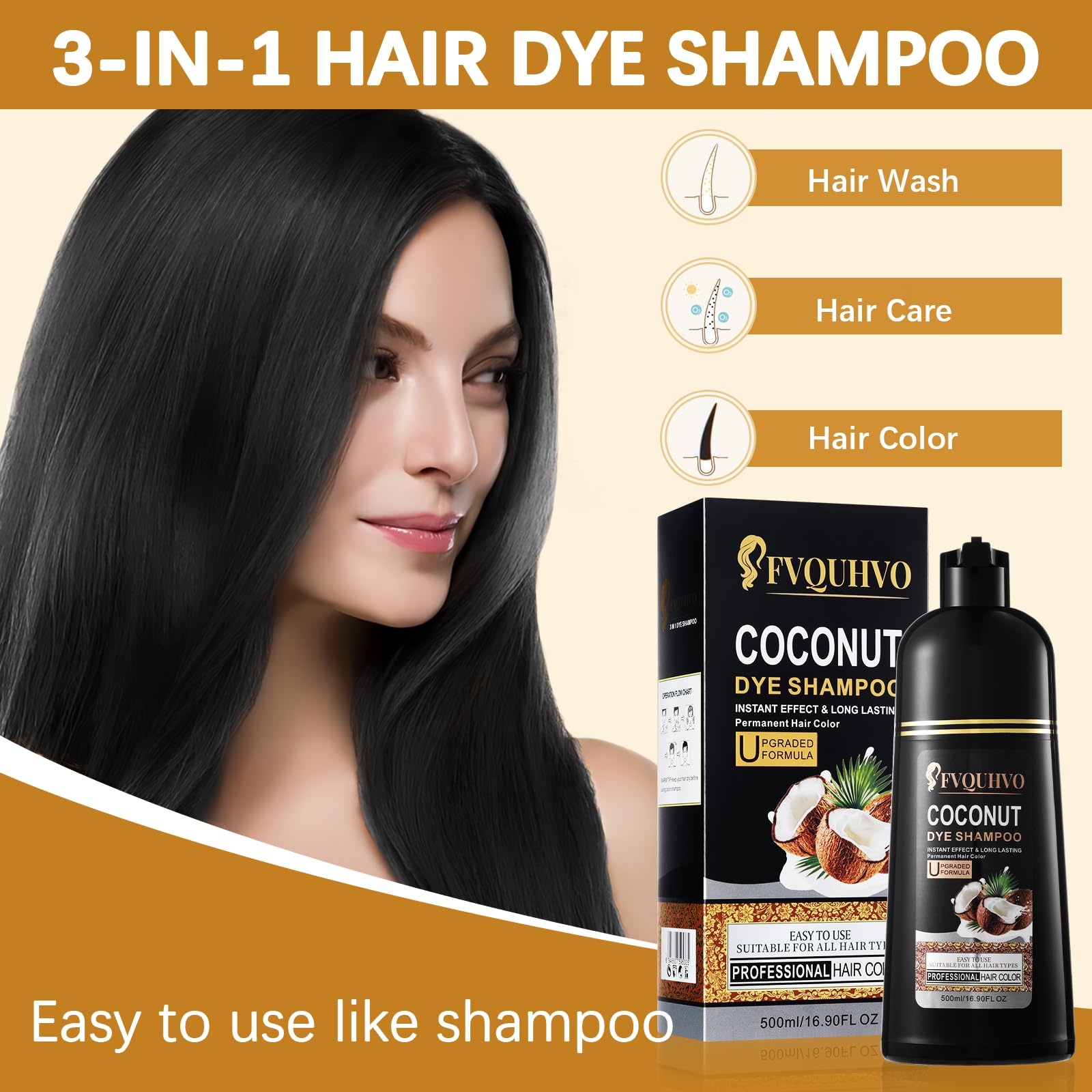 Instant Black Hair Dye Shampoo, Coconut Oil Black Hair Shampoo for gray hair,Natural Black Hair Color Shampoo 3 in 1,Black Shampo for Men & Women,Long - Lasting Coconut Dye Shampoo 16.90 Fl Oz(Black)