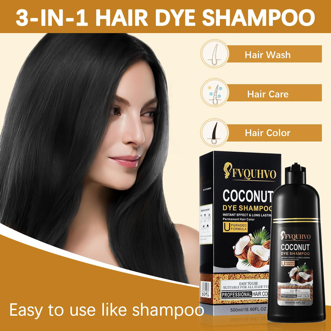 Instant Black Hair Dye Shampoo, Coconut Oil Black Hair Shampoo for gray hair,Natural Black Hair Color Shampoo 3 in 1,Black Shampo for Men & Women,Long - Lasting Coconut Dye Shampoo 16.90 Fl Oz(Black)