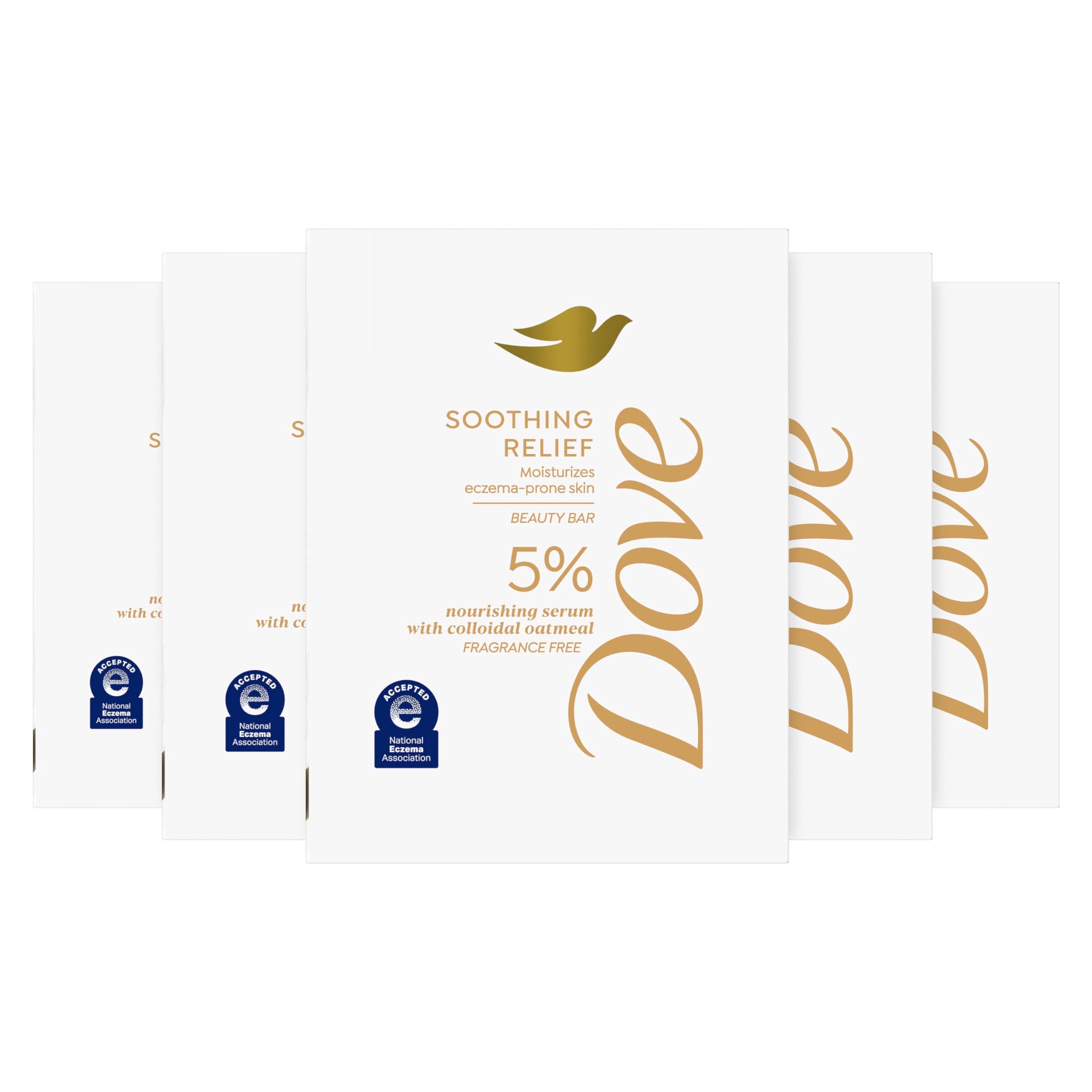 Dove Fragrance Free Beauty Bar Soothing Relief 5 Bars Moisturizes eczema-prone skin 5% nourishing serum with colloidal oatmeal 3.75oz