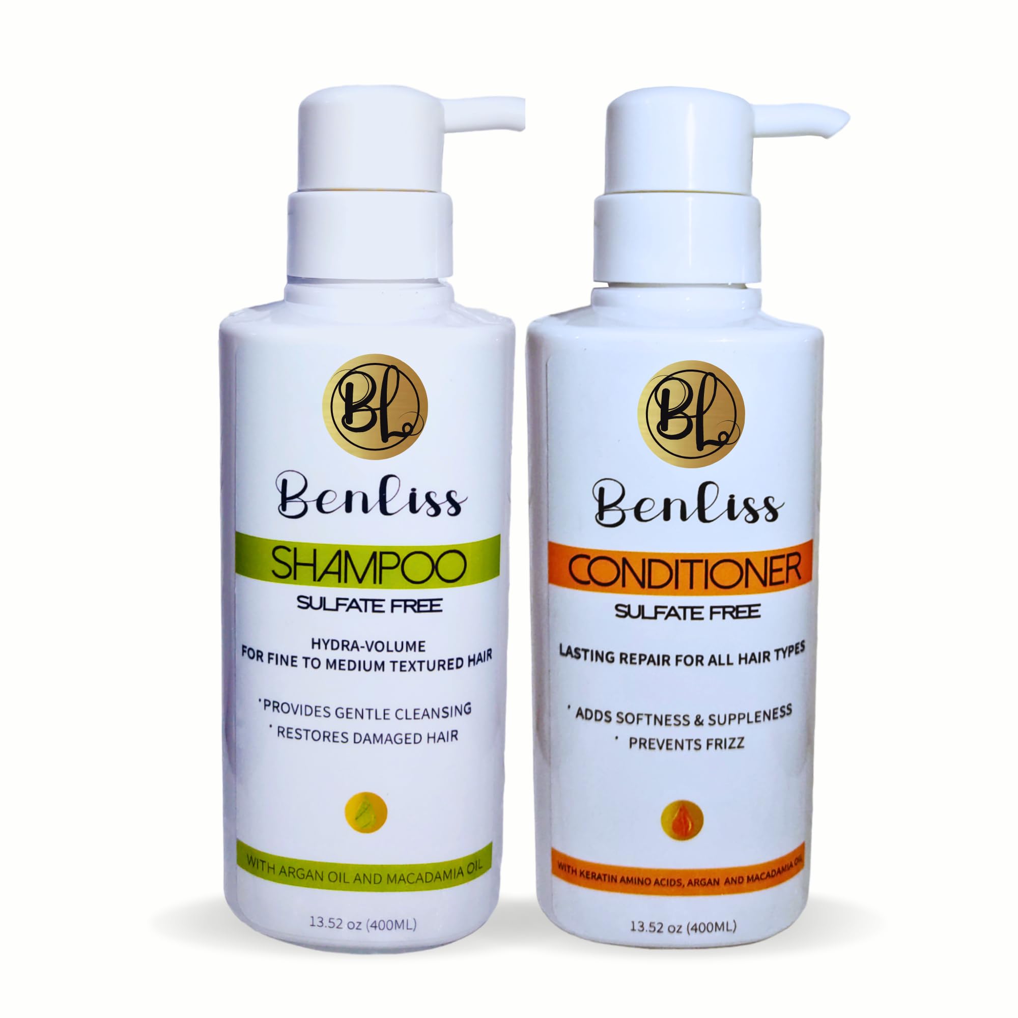 Benliss Shampoo and Conditioner Set With Argan and Macadamia Oil- Sulfate Free - For Straight, Curly, Frizzy, Dry - Hair Repair for Damaged Hair - Anti Frizz - Removing Split Ends