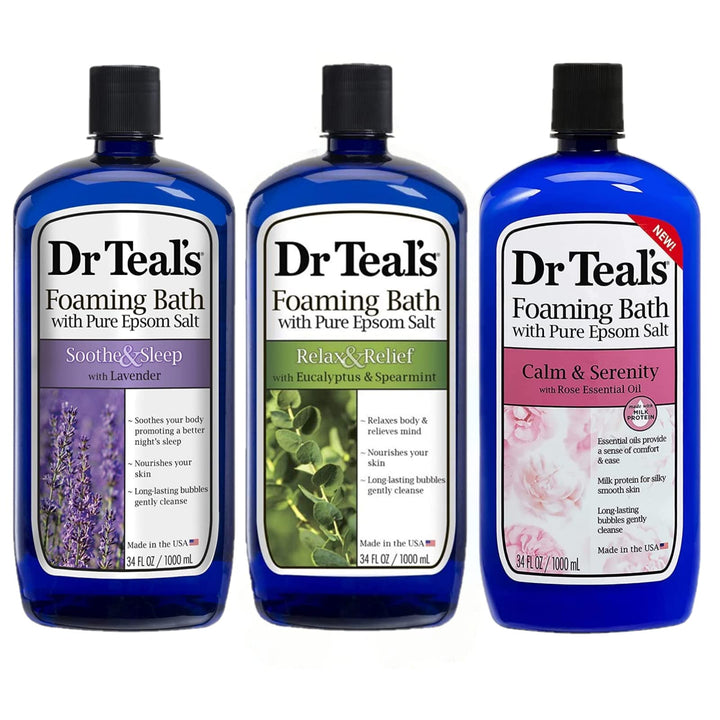 Dr Teal's Foaming Bath Variety Gift Set (3 Pack, 34oz ea) - Lavender, Eucalyptus, and Rose - Epsom Salt & Essential Oils for Stress Relief, Muscle Aches