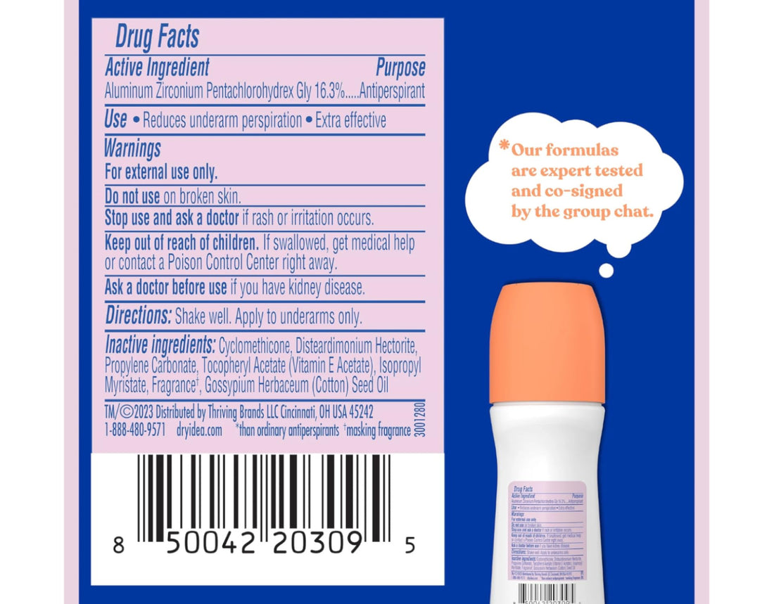 Dry Idea Advanced Roll on Antiperspirant and Deodorant, Unscented, Twin Pack - 3.25 Oz Ea, Unisex