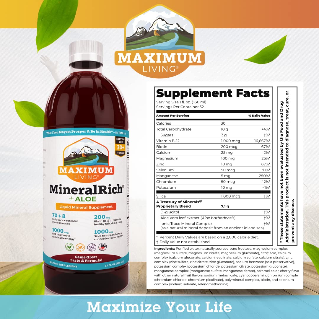 Maximum Living MineralRich Minerals Supplement with Aloe - Liquid Blend of Vitamins and Trace Minerals - 32 oz