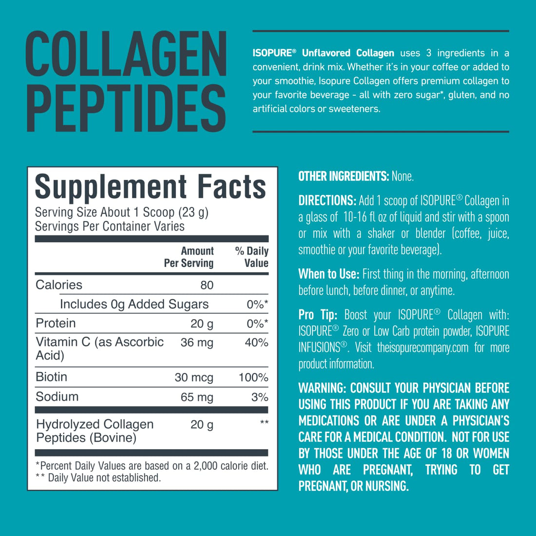 Isopure Collagen Peptides Powder, Lactose Free, Gluten Free, with Vitamin C, Unflavored, 20g Collagen Peptides Per Serving, 11.36 Oz, 14 Servings