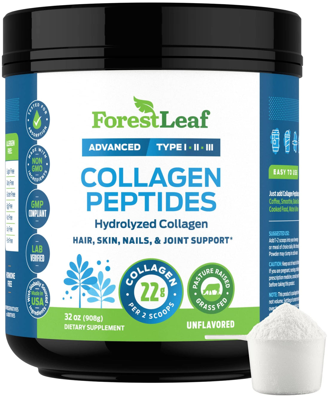 Collagen Peptides Powder Unflavored - Hydrolyzed Collagen Protein Powder Type 1, 2 & 3 - Grass Fed Keto Collagen Powder for Women & Men - Vital Hair, Skin, Nails, Joints, Recovery, 11g Per Serving