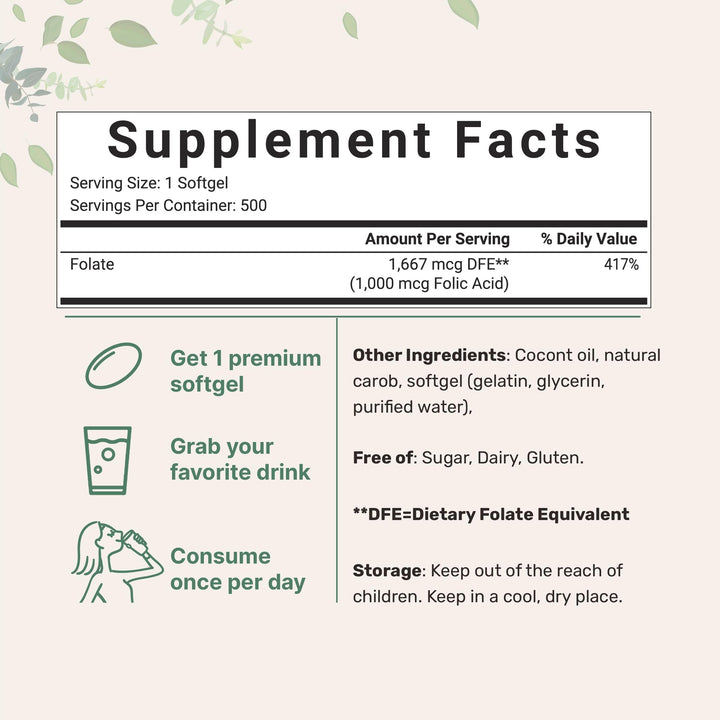 Folic Acid 1,000 mcg, 500 Coconut Oil Softgels (1mg) | Essential Prenatal Vitamins (Vitamin B9) | 1,667 mcg DFE | Third Party Tested, No Artificial Colors or Flavors | Non-GMO, Gluten Free