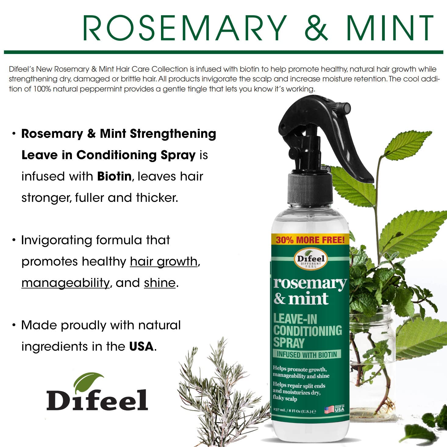Difeel Rosemary and Mint Strengthening Leave-In Conditioning Spray with Biotin Bonus Size 8 oz. - Made with Natural Mint & Rosemary Oil for Hair Growth