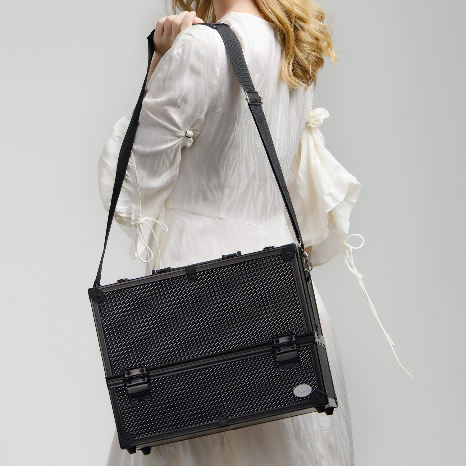 Joligrace Professional Makeup Train Storage Organizer with Lock, Compartments and 6 Trays (Black, Large, 14)