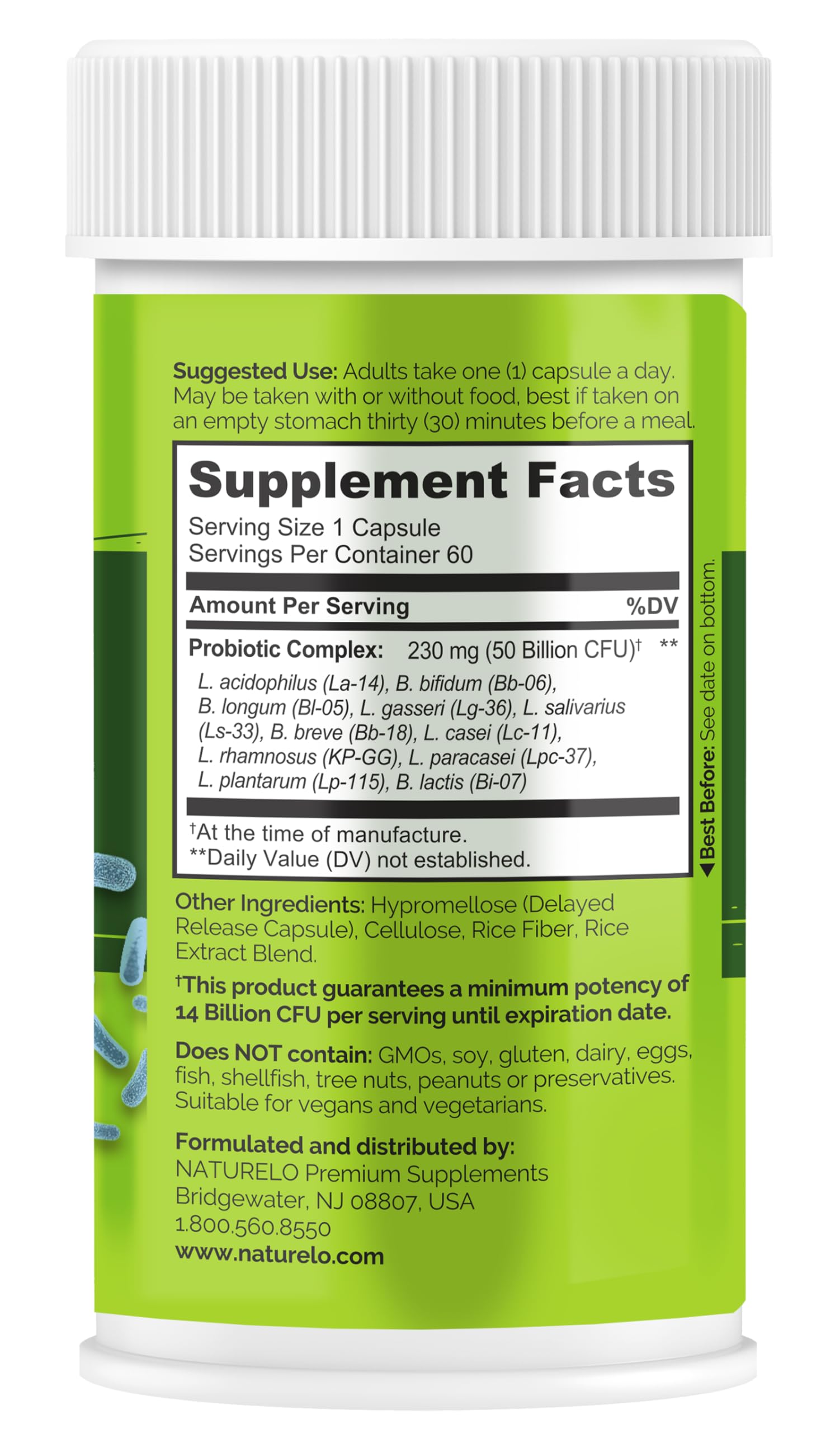 NATURELO Probiotics for Digestive Health - 50 Billion CFU, 11 Strains Daily Supplement - Boosts Immune System, Delayed Release, 60 Vegetarian Capsules