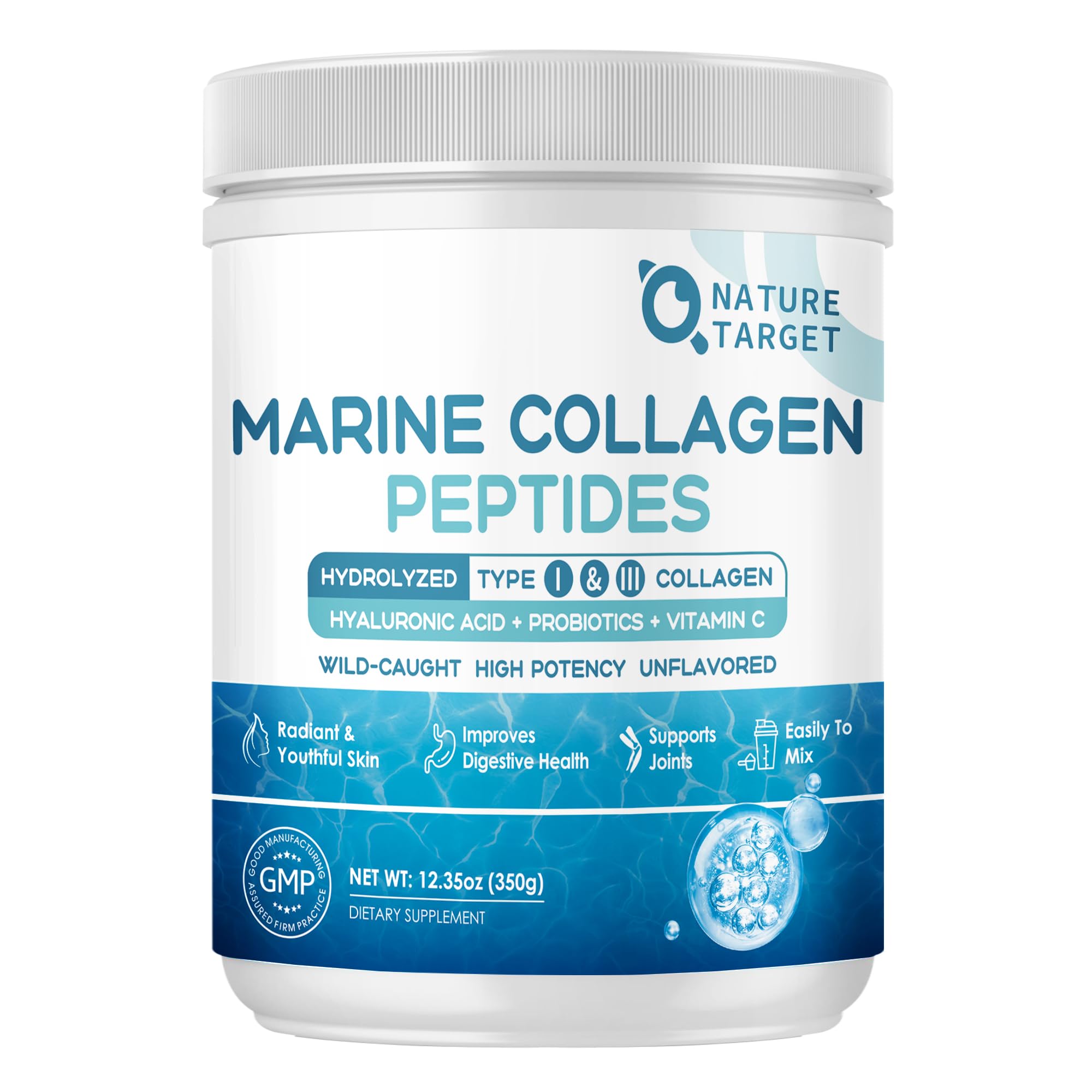 NATURE TARGET Marine Collagen Peptides Powder - Type I & III Collagen with Probiotics, Vitamin C & Hyaluronic Acid for Skin, Hair, Nails & Joint, Wild-Caught Fish & Grass-Fed Bovine, 35 Servings