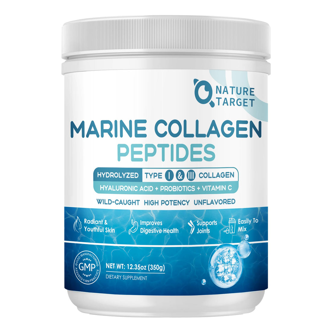 NATURE TARGET Marine Collagen Peptides Powder - Type I & III Collagen with Probiotics, Vitamin C & Hyaluronic Acid for Skin, Hair, Nails & Joint, Wild-Caught Fish & Grass-Fed Bovine, 35 Servings