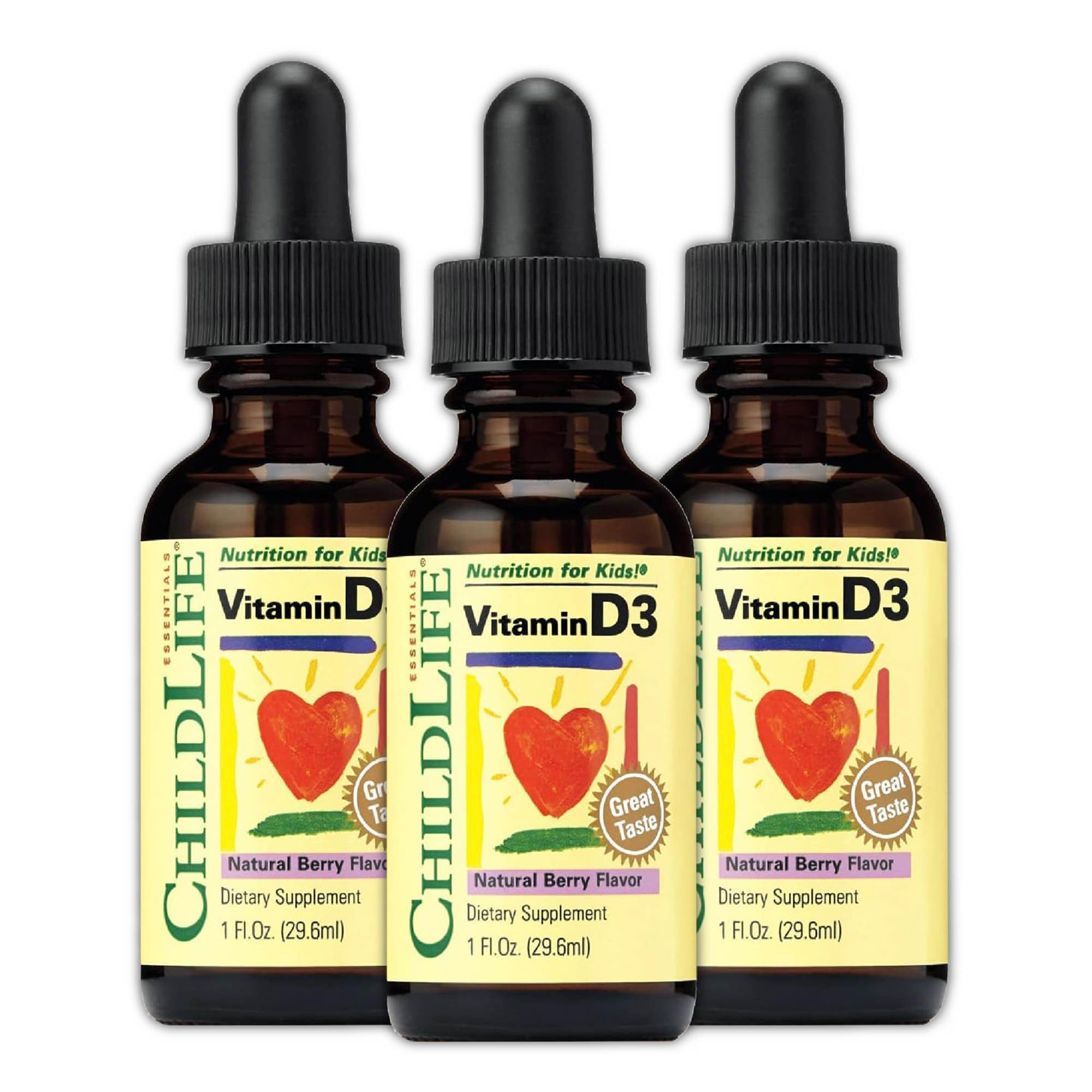 CHILDLIFE ESSENTIALS Vitamin D3 Drops - Vitamin D Drops for Infants, Baby Vitamin D Drops, Liquid Vitamin D for Kids, Toddlers 1-3, Children, 500 IU Per Serving - Natural Berry, 1 Fl Oz (Pack of 3)