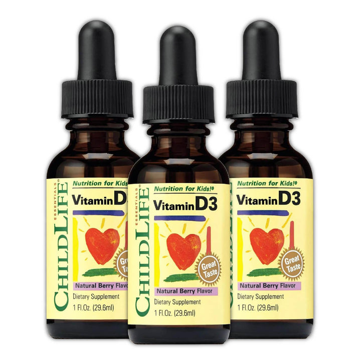 CHILDLIFE ESSENTIALS Vitamin D3 Drops - Vitamin D Drops for Infants, Baby Vitamin D Drops, Liquid Vitamin D for Kids, Toddlers 1-3, Children, 500 IU Per Serving - Natural Berry, 1 Fl Oz (Pack of 3)