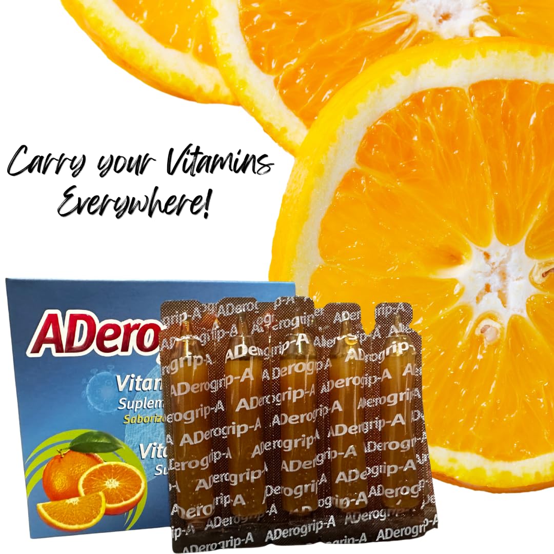 ADEROGRIP-A Aderogripa Immune Support Vitamins C, A & D | Liquid Supplement | 10 Natural Orange Flavor Ampoules | Boost Your Immune System | Box of 10 x 10ml Ampoules | Suplemento en Ampolletas