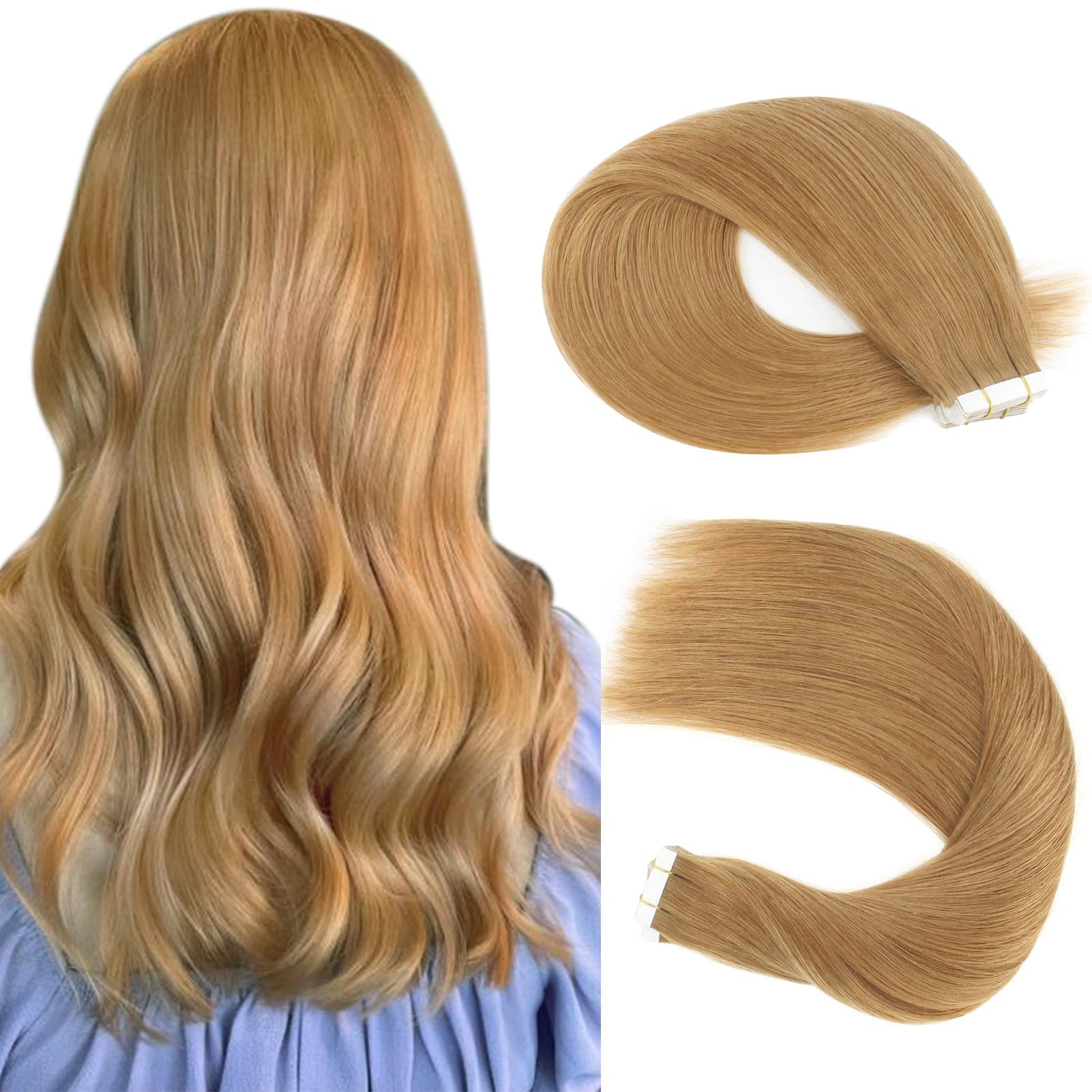 Sassina 8A Grade Reusable, Invisible, Seamless Skin Weft Human Extensions Double Side Tape in Extension Strawberry Blonde 20Pcs 50g/set (27# 18) : 18 inch, Strawberry Blonde