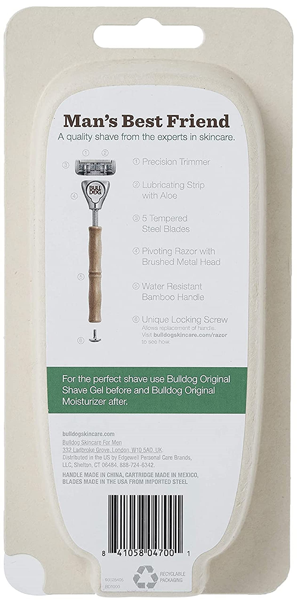 Bulldog Skincare For Men, Original Bamboo Razor, Two 5-Blade Cartridges