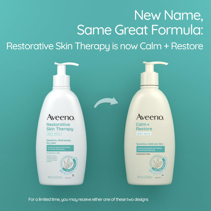 Aveeno Calm + Restore Daily Body Wash for Sensitive, Delicate Skin, Gentle Cleanser with Oat, Aloe & Pro-Vitamin B5 Soothes & Leaves Skin Feeling Nourished, Fragrance Free, 18 fl. oz