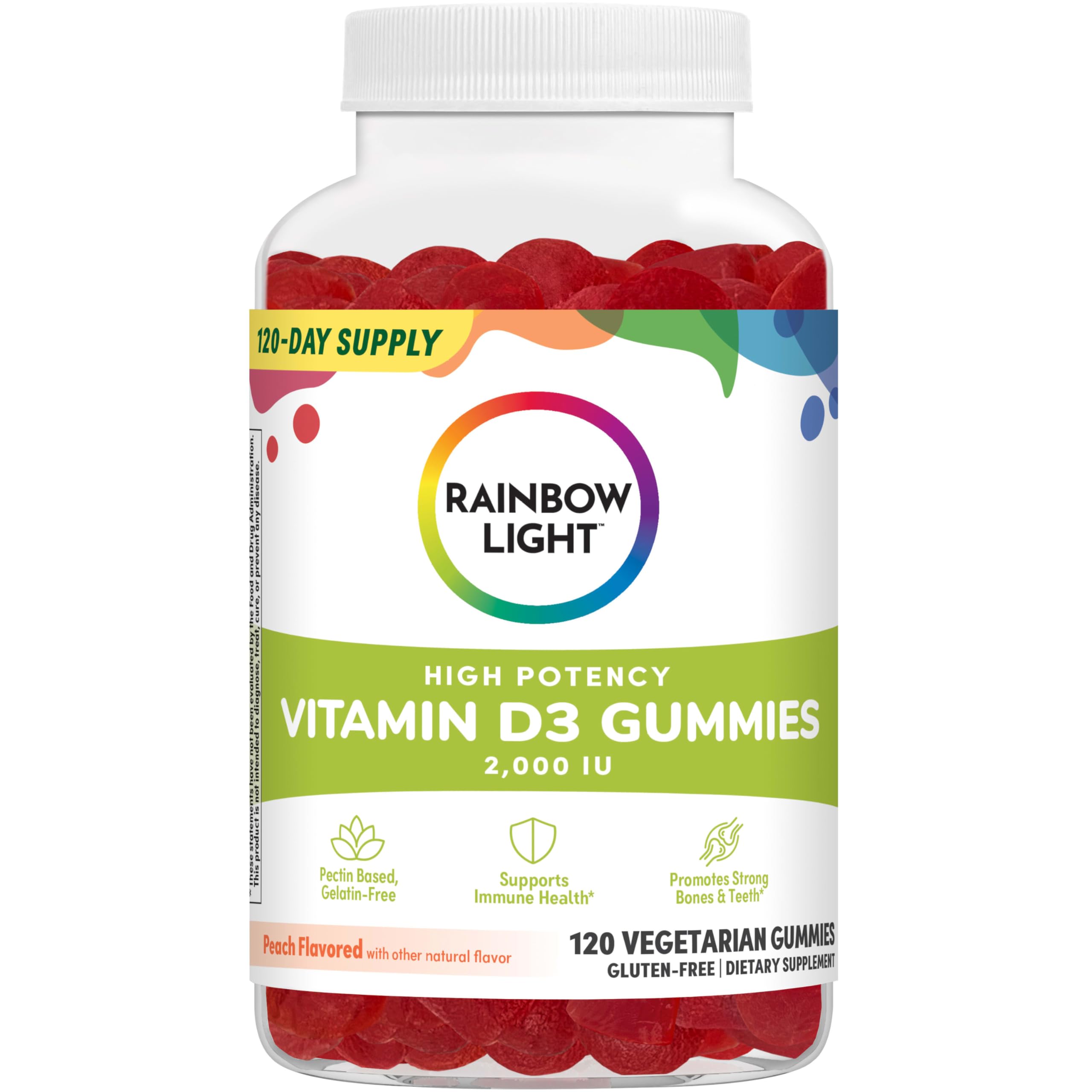 Rainbow Light Vitamin D Gummies, High Potency Vitamin D3 2,000IU Immune Health Support, Helps Support Strong Bones & Teeth, Gluten Free, Vegan, Peach, 120 Gummies