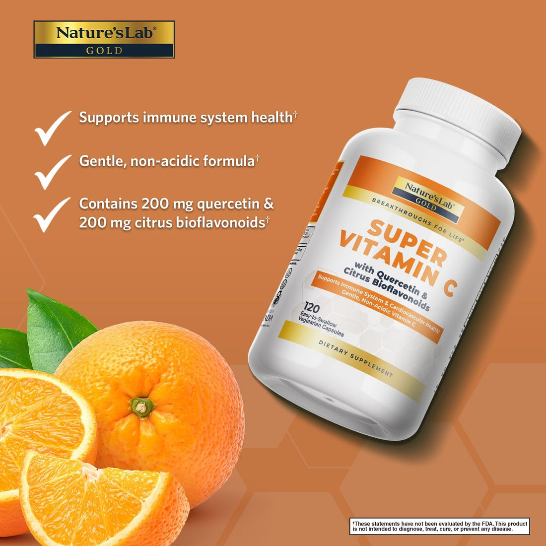 Nature’s Lab Gold Super Vitamin C 1000mg – Immune System Support – Contains Bioflavonoids Complex & Quercetin – Non-Acidic, Non-GMO, Gluten Free, Vegan – 120 Capsules (2 Month Supply)