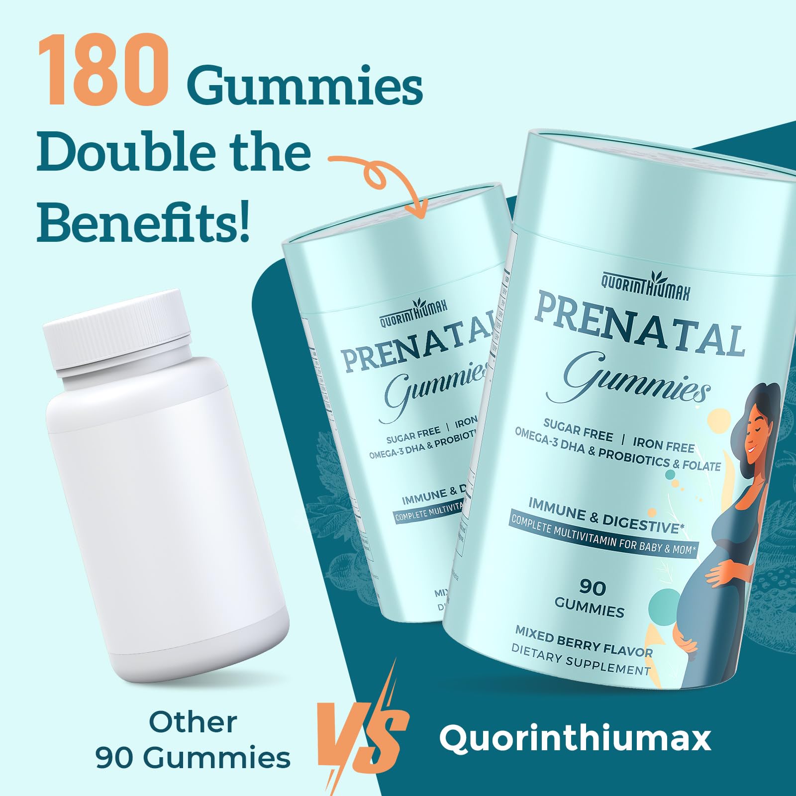 Quorinthiumax Prenatal Gummies Sugar Free 180 Count - Organics Prenatal Vitamins for Women with Folate, DHA & Probiotics - Iron Free Prenatal Vitamin Gummies for Immune & Digestive - 2 Bottles