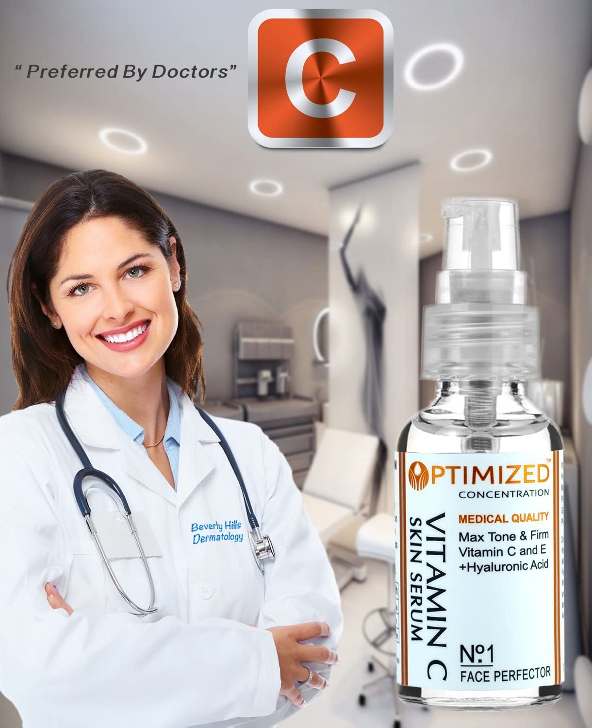 OPTIMIZED Best Medical Grade Skin Care Anti Aging Vitamin C Serum with Vitamin E and Hyaluronic Acid for Face, Fill Fine Lines, Fades Age Spots, Evens Skin Tone, Anti Wrinkle