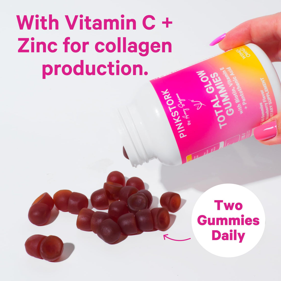 Pink Stork Total Glow Gummies - Hair, Skin, and Nails Vitamins - 11 Vitamins & Nutrients - Biotin, Vitamin A, B6, B12, Folate - Beautiful Hair, Radiant Skin, and Strong Nails - 60 Berry Biotin Gummies