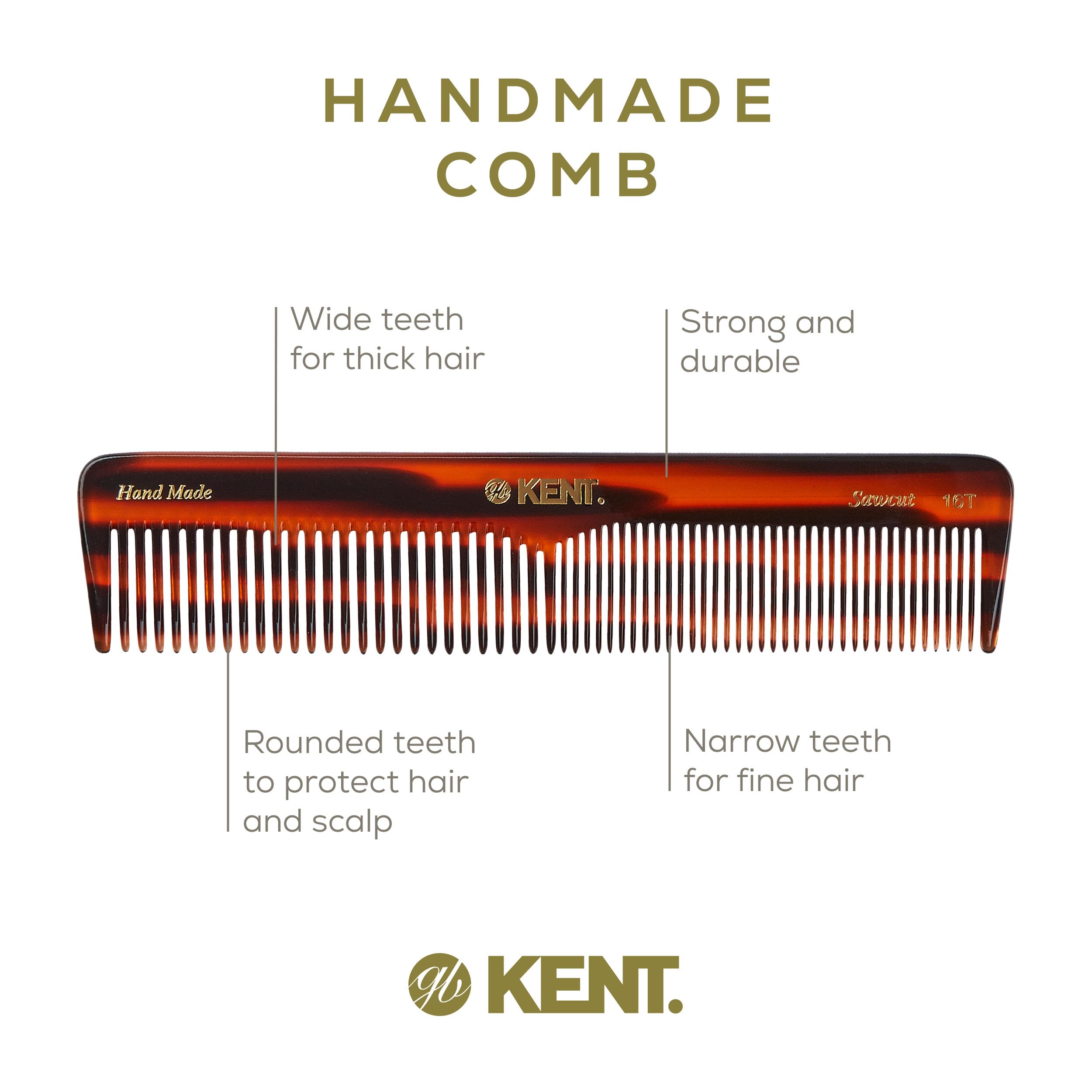 Kent - The Handmade Comb - 188 mm Extra Large Coarse and Fine Toothed Sawcut 16T (3-Pack)