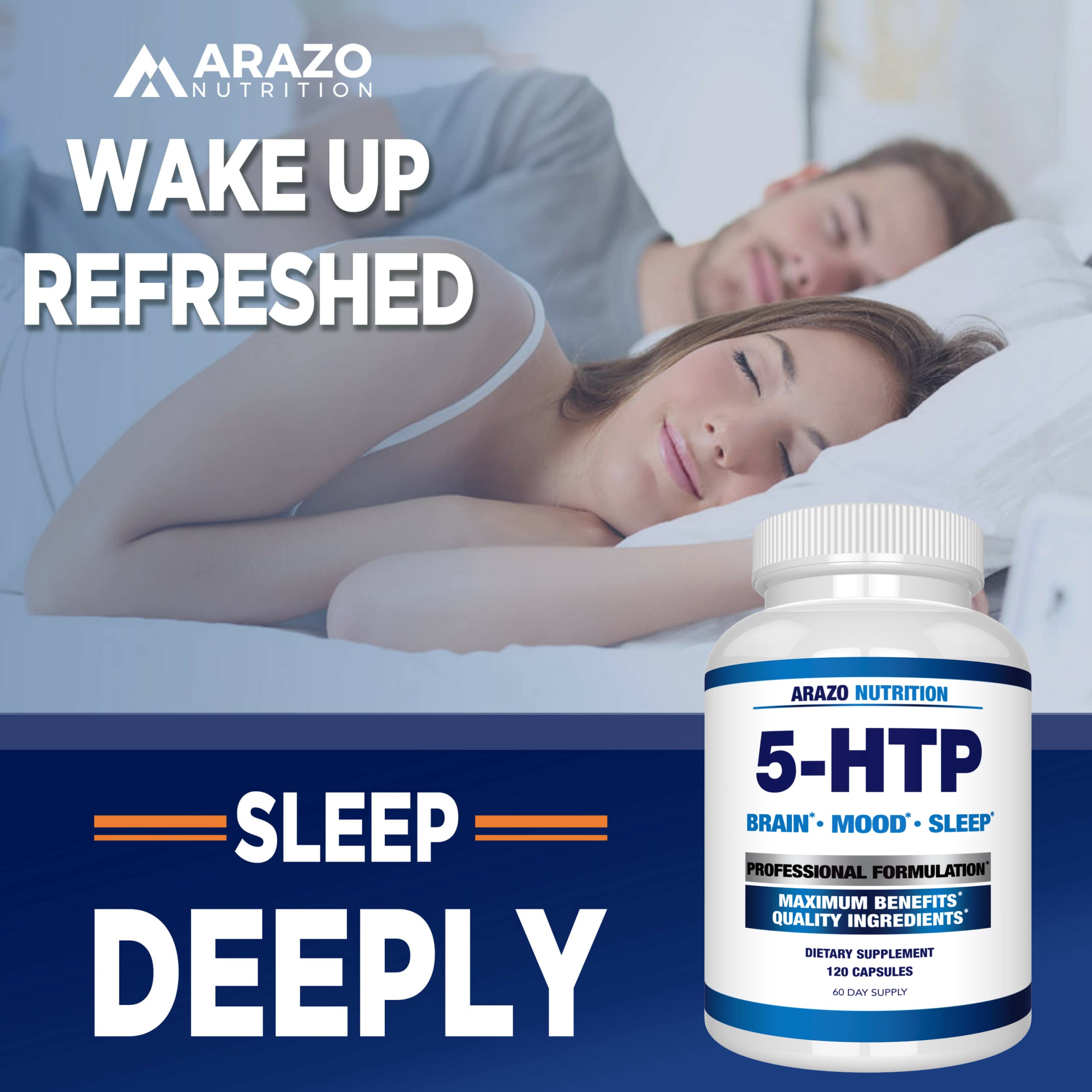 5-HTP 200 MG Plus Calcium for Mood, Sleep – Supports Calm and Relaxed Mood – 99% High Purity – 120 Capsules – Arazo Nutrition