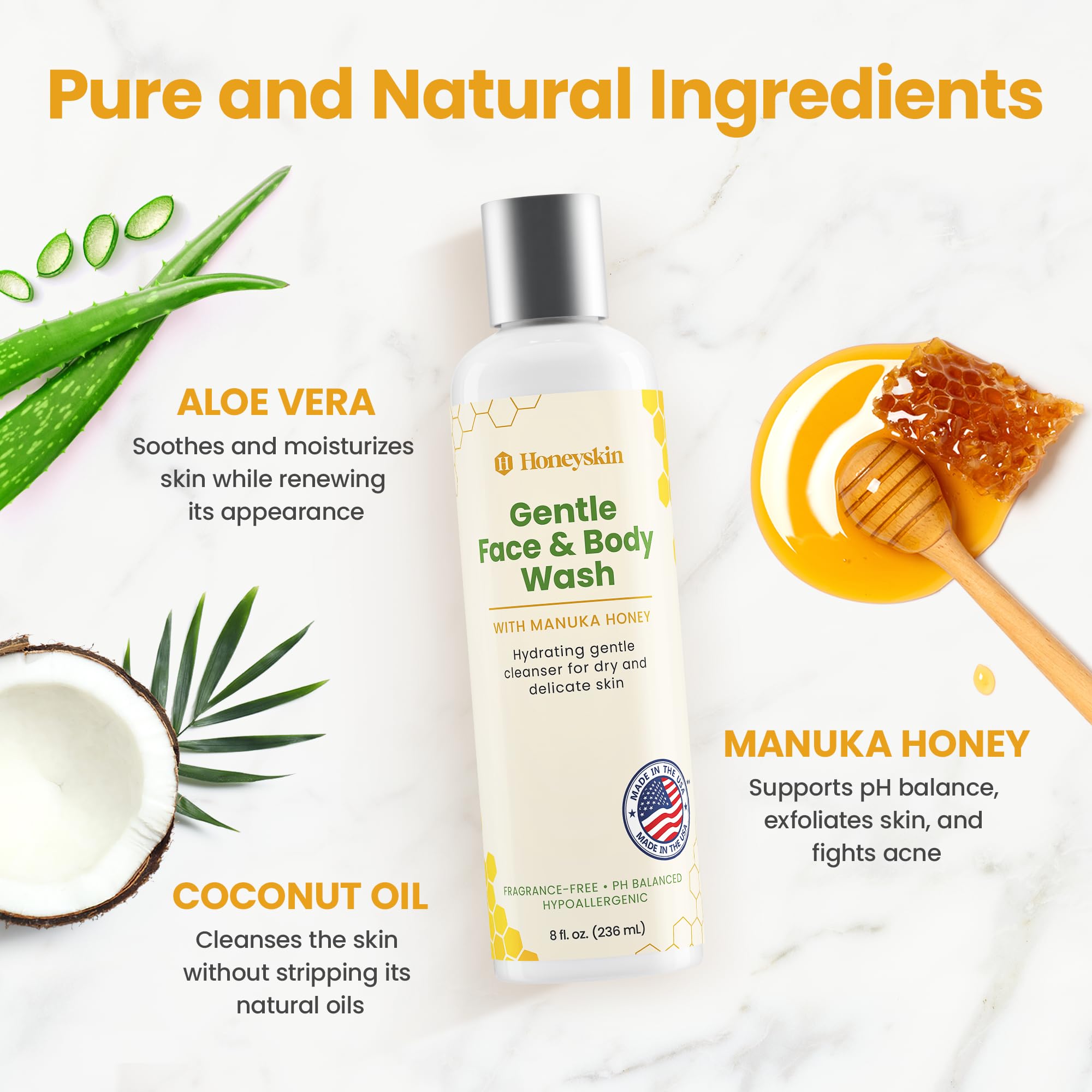 Honeyskin Face and Body Wash for Women and Men - Acne Body Wash Moisturizing for Sensitive Skin - Hydrating Facial Cleanser - Gentle Exfoliation – Sulfate-Free (8oz)