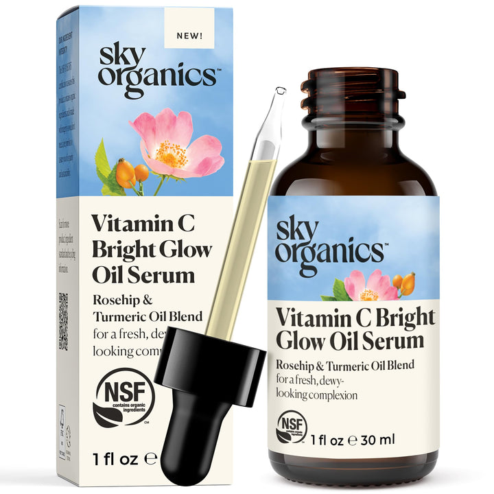 Sky Organics Bright Glow Face Serum, Vitamin C Serum, Rejuvenate Dull Skin, Hydrating, Promotes Brighter-looking Complexion, Skin Care with Vitamin E, Organic Jojoba Oil & Rosehip Oil, 1 fl oz