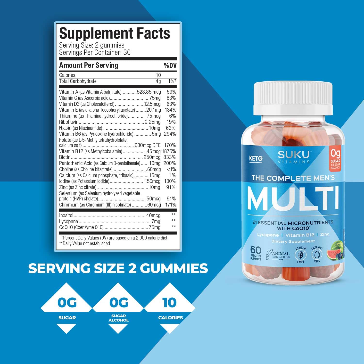 SUKU Vitamins - Complete Men's Multi - MicroNutrients: CoQ10, Lycopene Gummies for Prostate Health - Easy to Chew - Non GMO, Gluten Sugar Free - Mixed Fruit Fusion Gummy Vitamins, 60 Count