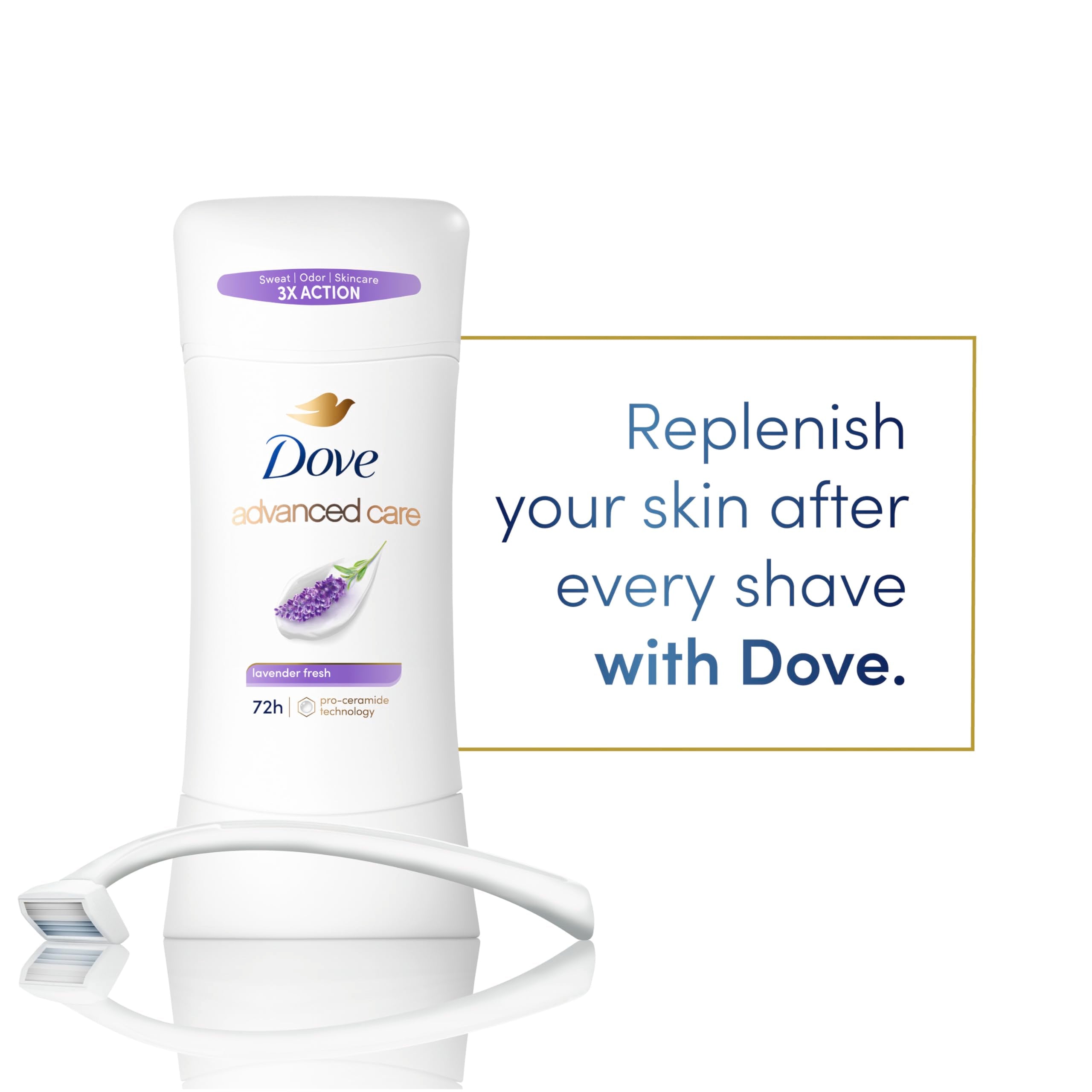 Dove Advanced Care Antiperspirant Deodorant Stick Lavender Fresh for Helping Repair Skin Barrier After Shaving, with 72-Hour Sweat & Odor Protection, 2.6 oz