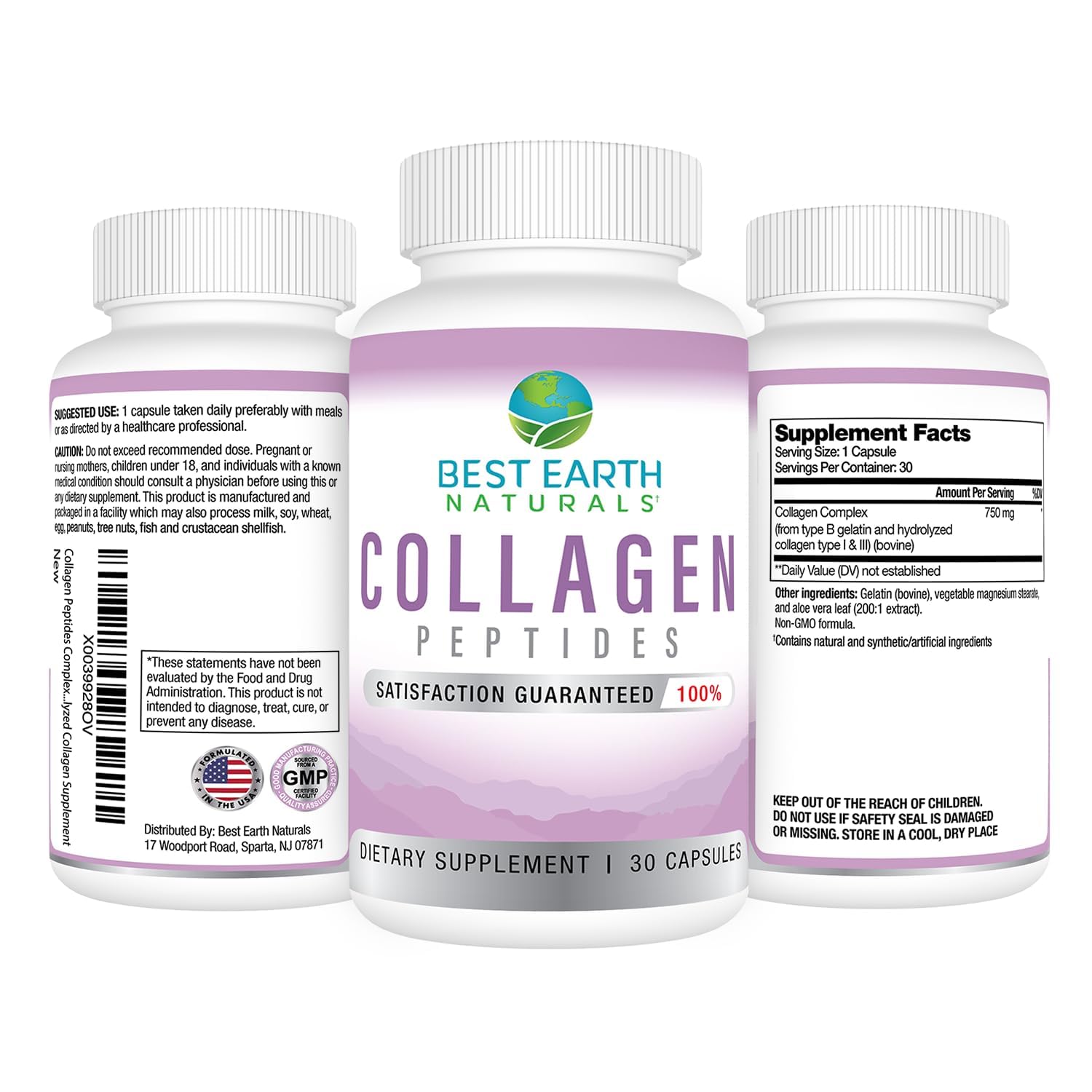 Best Earth Naturals Hydrolyzed Collagen Type I & III - Collagen Peptides Supplement for Women and Men to Support Hair, Skin, Nails, & Joints 30 Day Supply (30 Capsules)