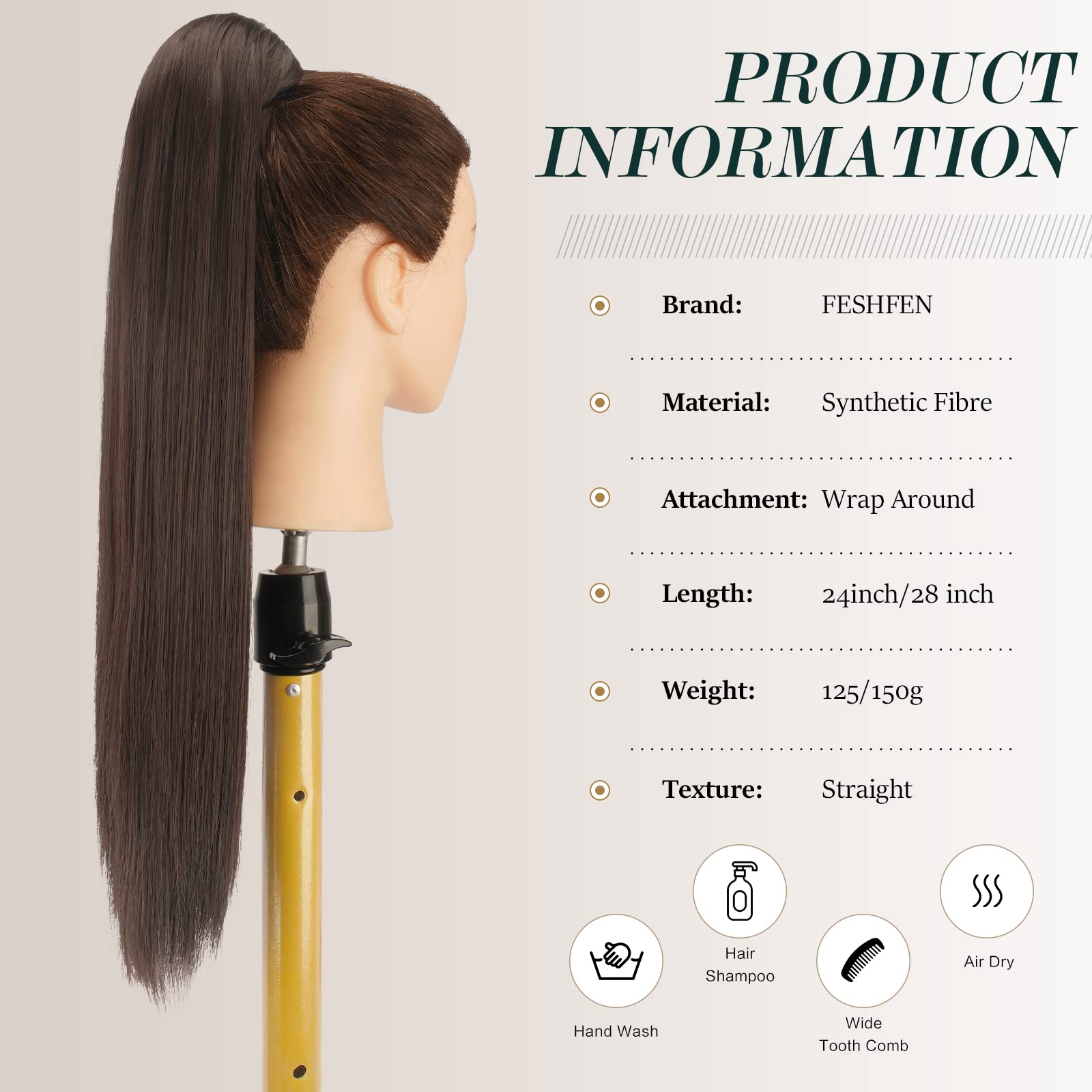 FESHFEN Straight Ponytail Extensions 28 Inch Long Wrap Around Synthetic Hair Piece Clip in Ponytail Hair Extensions Hairpiece for Women Girls 150g