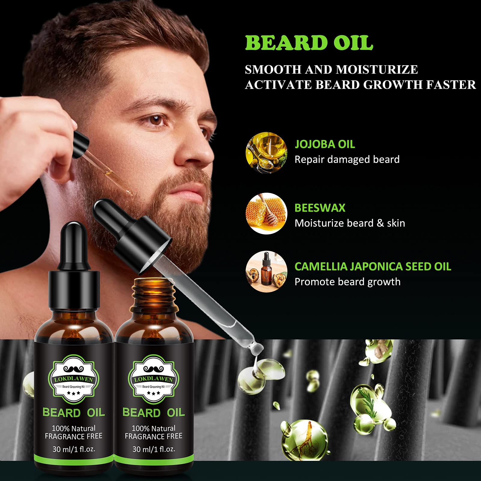 LOKDLAWEN Beard Kit for Men with Beard Wash, Beard Conditioner, Beard Oil, Beard Balm, Brush, Comb, Scissors, Storage Bag, Gifts for Men Dad Husband Boyfriend