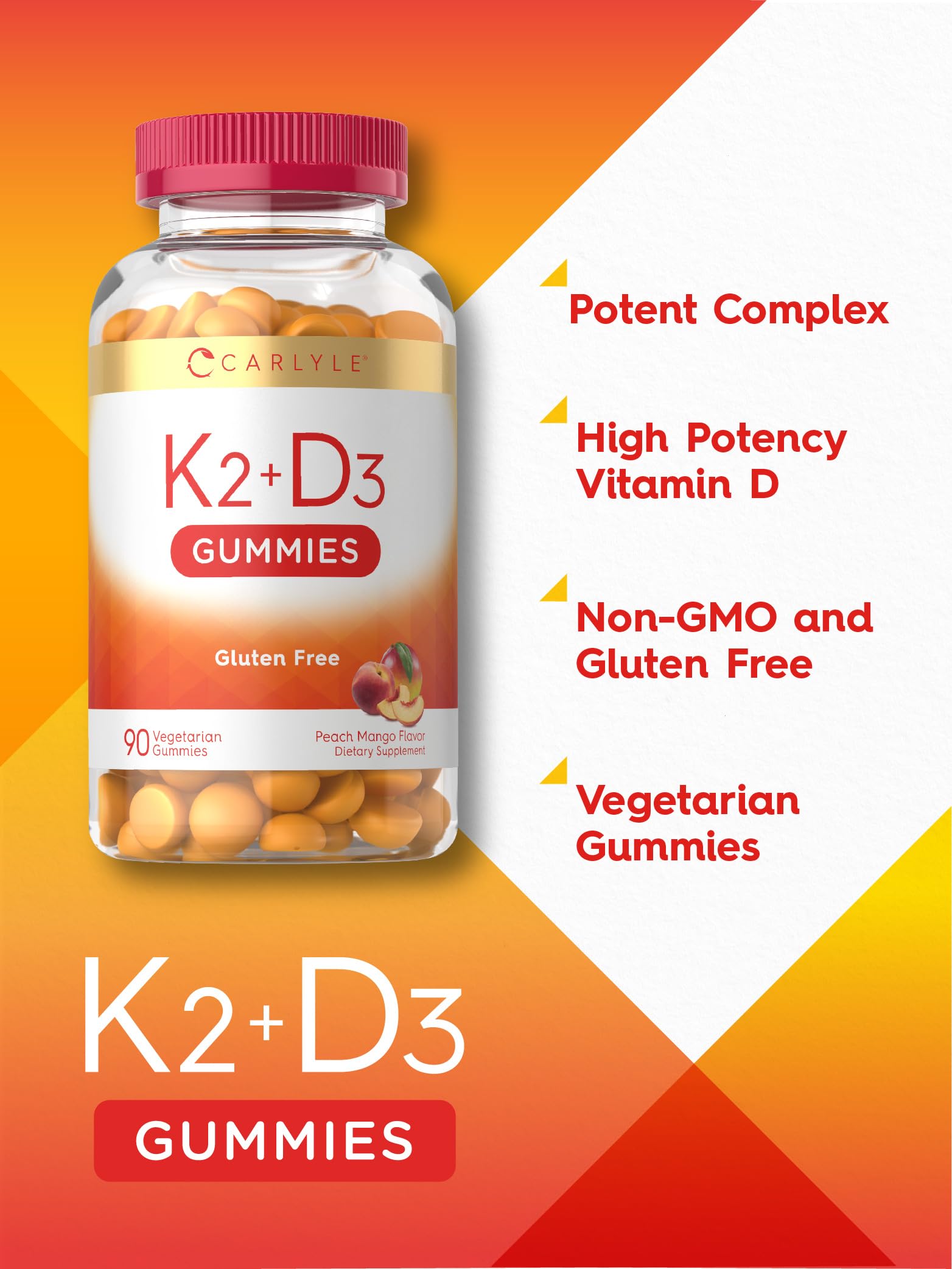 Carlyle Vitamin D3 K2 Gummies | 90 Count | 5,000 IU of D3 + 100 mcg MK7 | Vegetarian, Non-GMO, and Gluten Free Vitamin Supplement