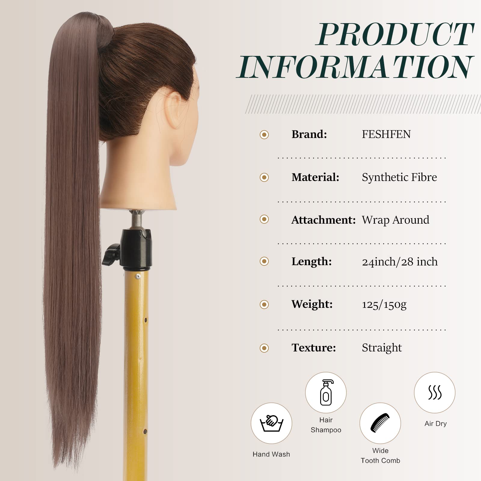 FESHFEN Straight Ponytail Extensions 28 Inch Long Wrap Around Synthetic Hair Piece Clip in Ponytail Hair Extensions Hairpiece for Women Girls 150g