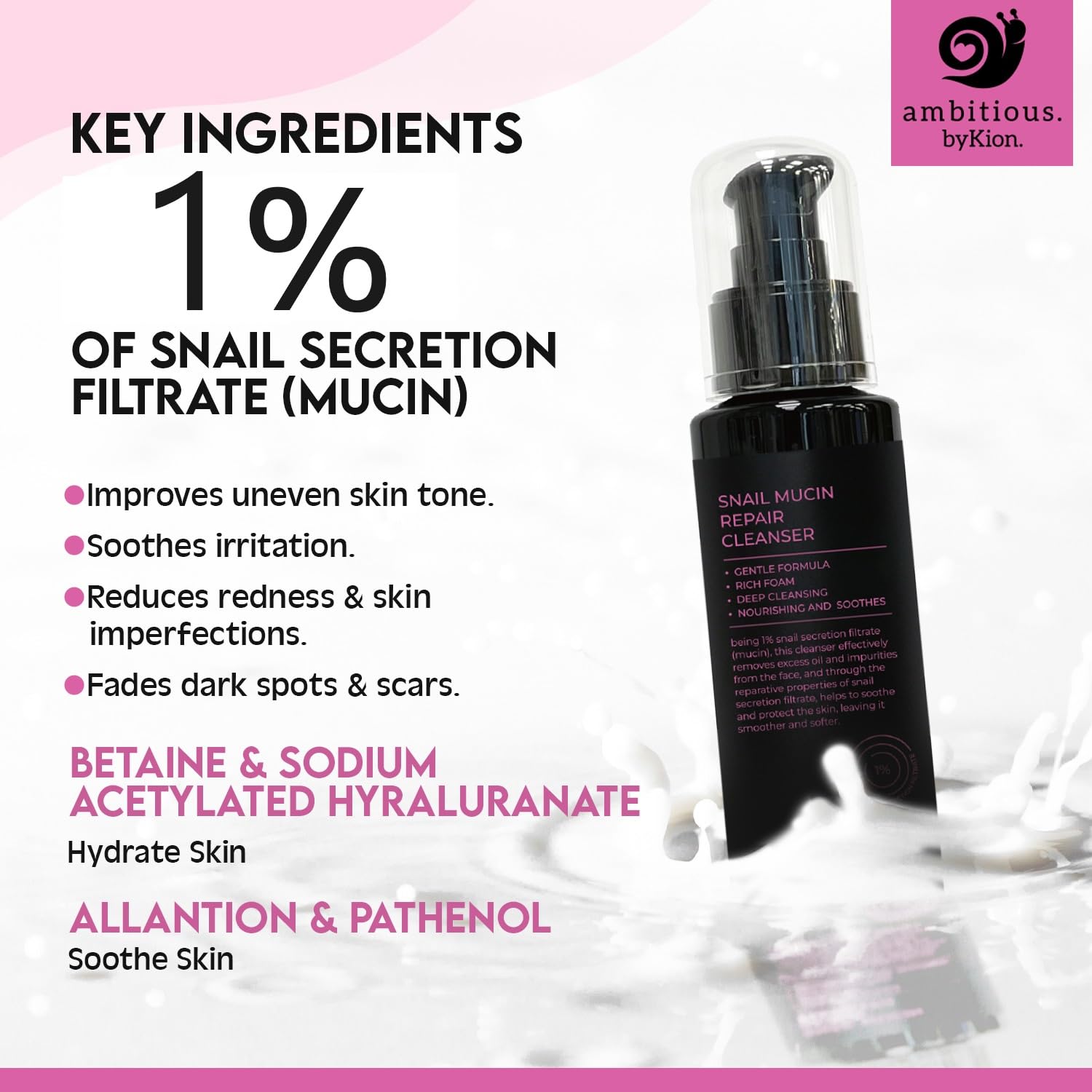 byKion ambitious Snail Mucin Cleanser 3.38 fl.oz 100ml, Hydrating Gel Cleanser for Face with 1% Snail Secretion Filtrate, Rich Daily Deep Cleansing Gel for All Skin Types | Asian Skincare