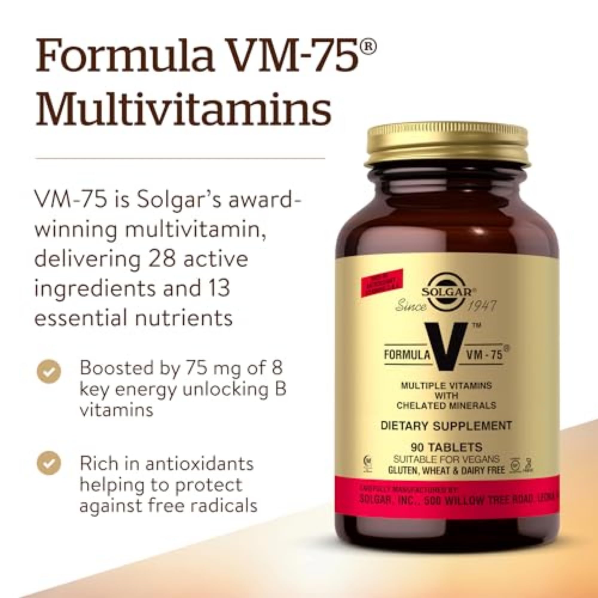 Solgar Formula VM-75, 90 Tablets - Multivitamin with Chelated Minerals - Vitamin A, B6, B12, C, D, E - Biotin, Magnesium, Calcium, Iron, Zinc, - Vegan, Gluten Free, Dairy Free, Kosher - 90 Servings
