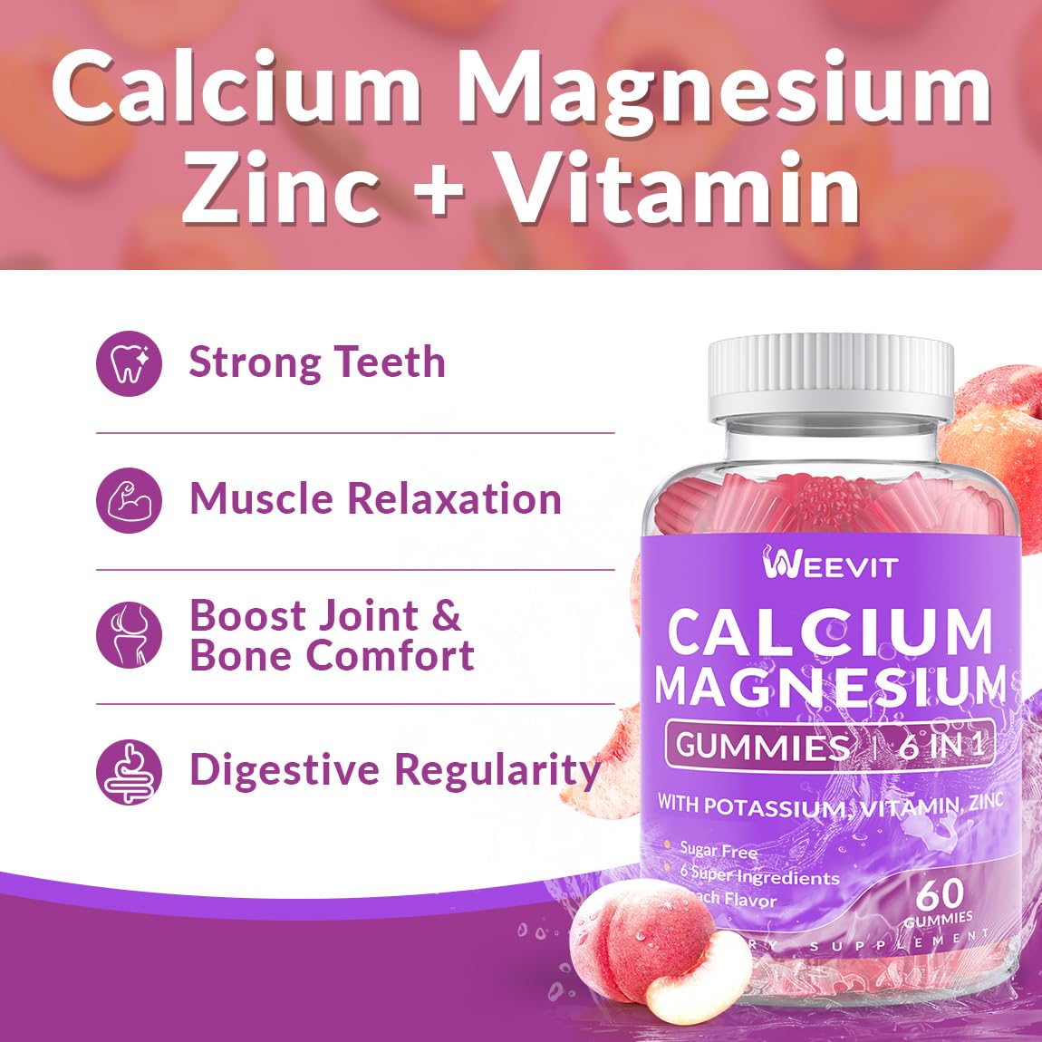 Sugar Free Calcium Gummies 600mg w/Vitamin D3 K2, Potassium, Calcium Magnesium Zinc Gummies for Bone, Muscle & Immune, Algae Calcium Magnesium 2:1 Ratio Calcium Supplement for Women & Men - Vegan